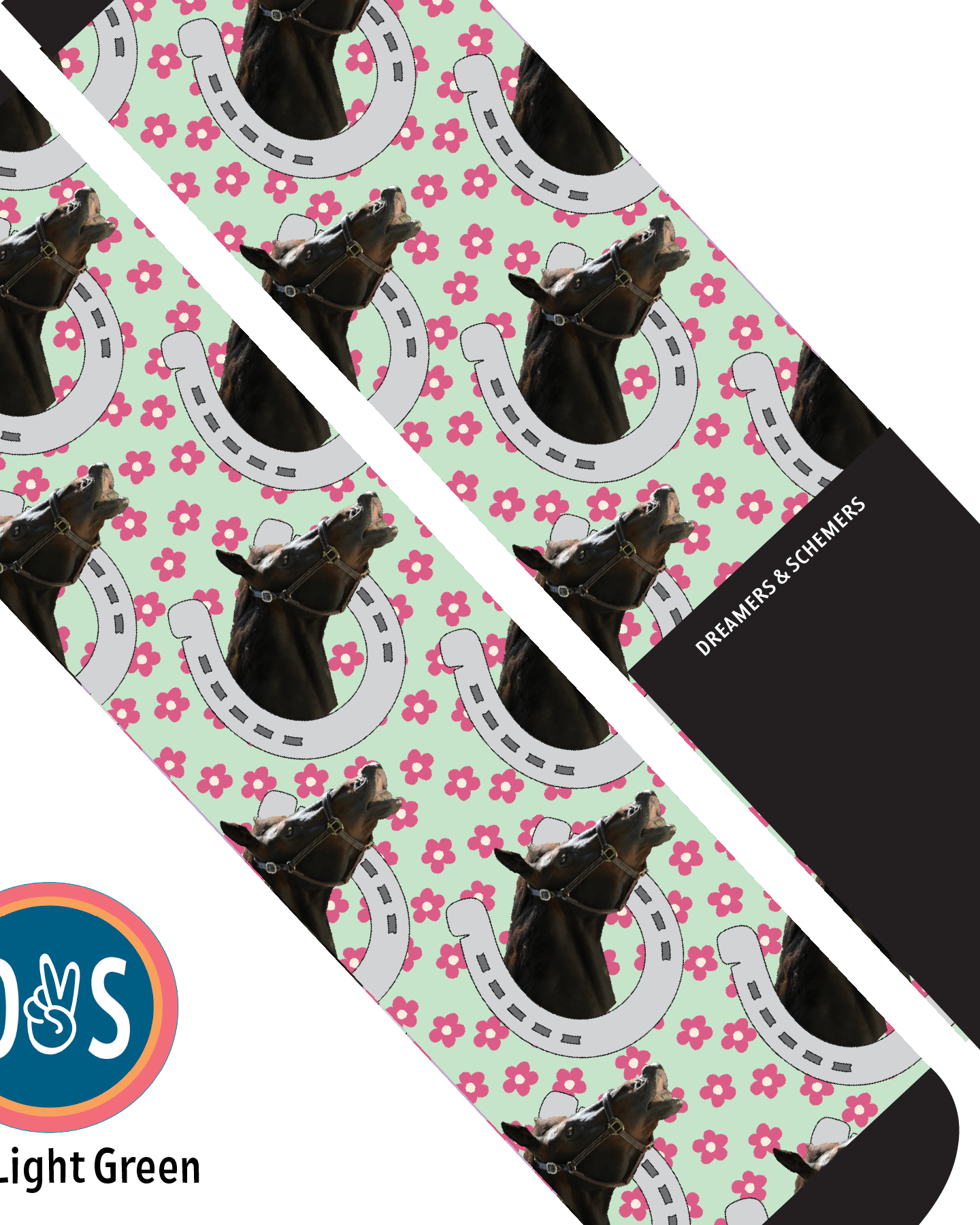 Custom AL Custom Socks Adult / Light Green Custom Horseshoe with Pinky Petals Socks 1 Photo equestrian boot socks boot socks thin socks riding socks pattern socks tall socks funny socks knee high socks horse socks horse show socks