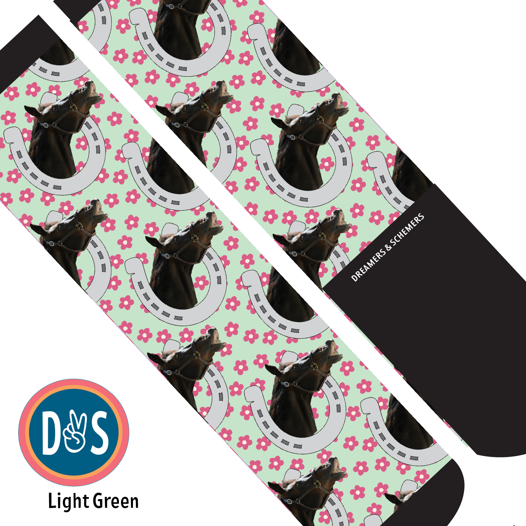 Custom AL Custom Socks Adult / Light Green Custom Horseshoe with Pinky Petals Socks 1 Photo equestrian boot socks boot socks thin socks riding socks pattern socks tall socks funny socks knee high socks horse socks horse show socks