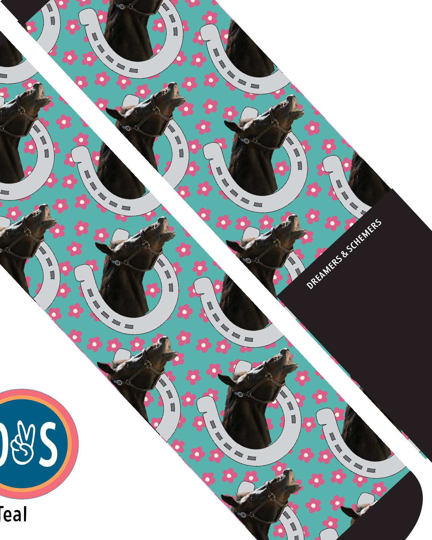 Custom AL Custom Socks Adult / Teal Custom Horseshoe with Pinky Petals Socks 1 Photo equestrian boot socks boot socks thin socks riding socks pattern socks tall socks funny socks knee high socks horse socks horse show socks