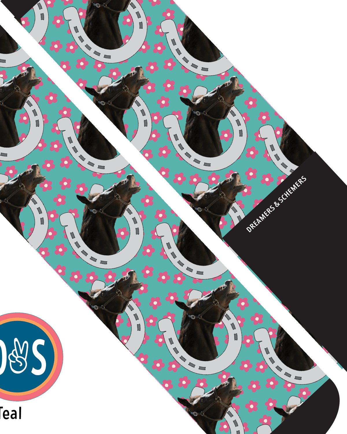 Horseshoes & Pinky Petals custom photo equestrian boot socks, additional view