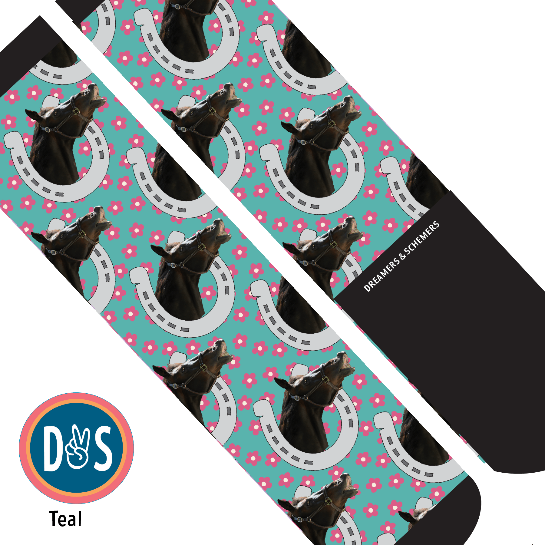 Custom AL Custom Socks Adult / Teal Custom Horseshoe with Pinky Petals Socks 1 Photo equestrian boot socks boot socks thin socks riding socks pattern socks tall socks funny socks knee high socks horse socks horse show socks