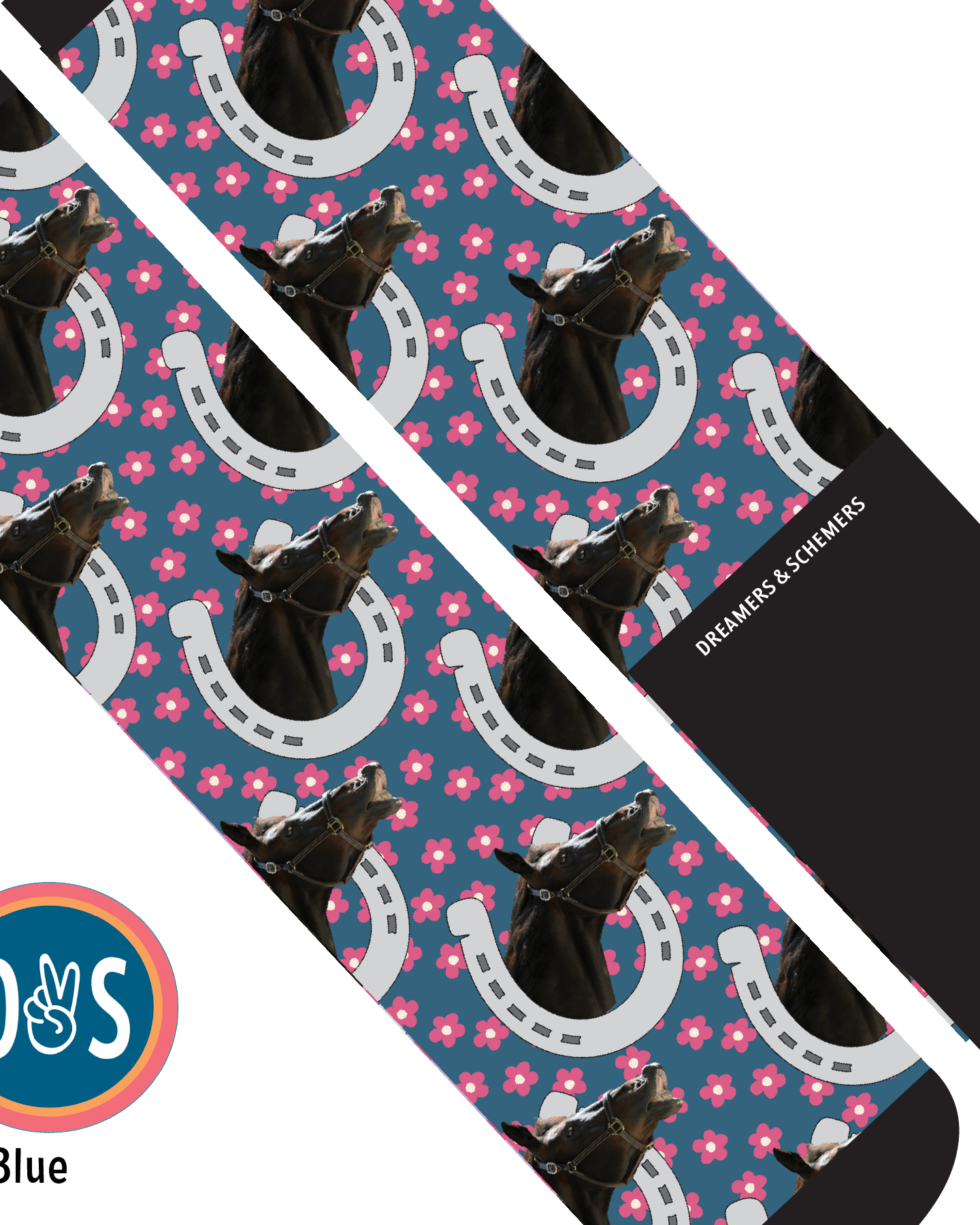 Custom AL Custom Socks Adult / Blue Custom Horseshoe with Pinky Petals Socks 1 Photo equestrian boot socks boot socks thin socks riding socks pattern socks tall socks funny socks knee high socks horse socks horse show socks
