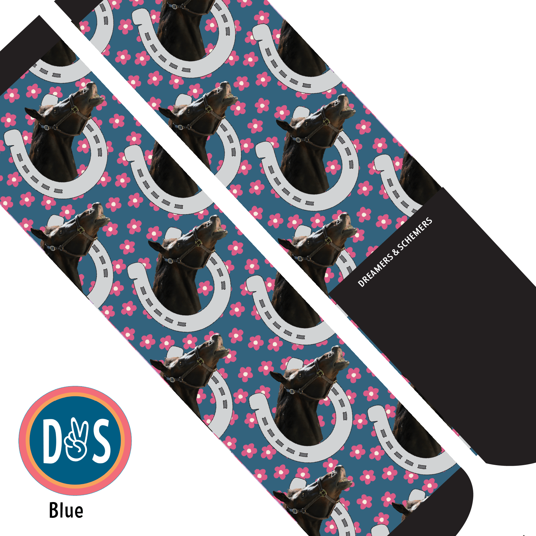 Custom AL Custom Socks Adult / Blue Custom Horseshoe with Pinky Petals Socks 1 Photo equestrian boot socks boot socks thin socks riding socks pattern socks tall socks funny socks knee high socks horse socks horse show socks