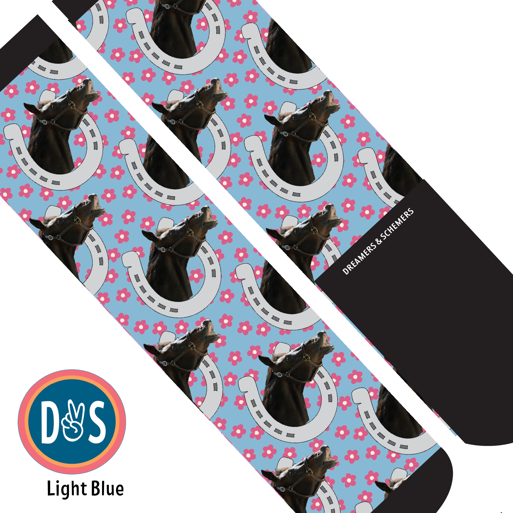 Custom AL Custom Socks Adult / Light Blue Custom Horseshoe with Pinky Petals Socks 1 Photo equestrian boot socks boot socks thin socks riding socks pattern socks tall socks funny socks knee high socks horse socks horse show socks