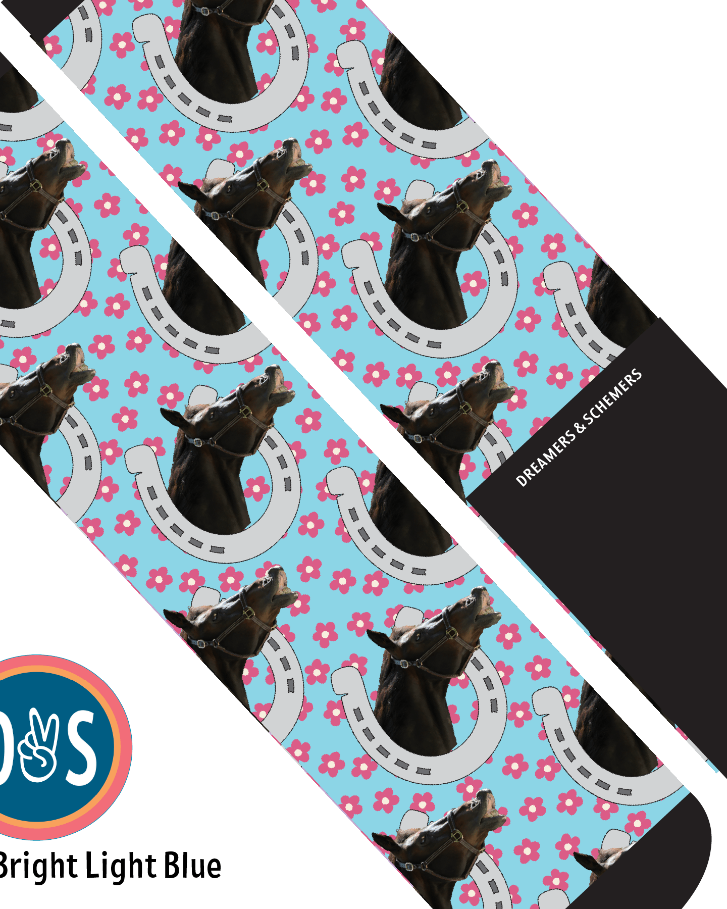 Custom AL Custom Socks Adult / Bright Light Blue Custom Horseshoe with Pinky Petals Socks 1 Photo equestrian boot socks boot socks thin socks riding socks pattern socks tall socks funny socks knee high socks horse socks horse show socks