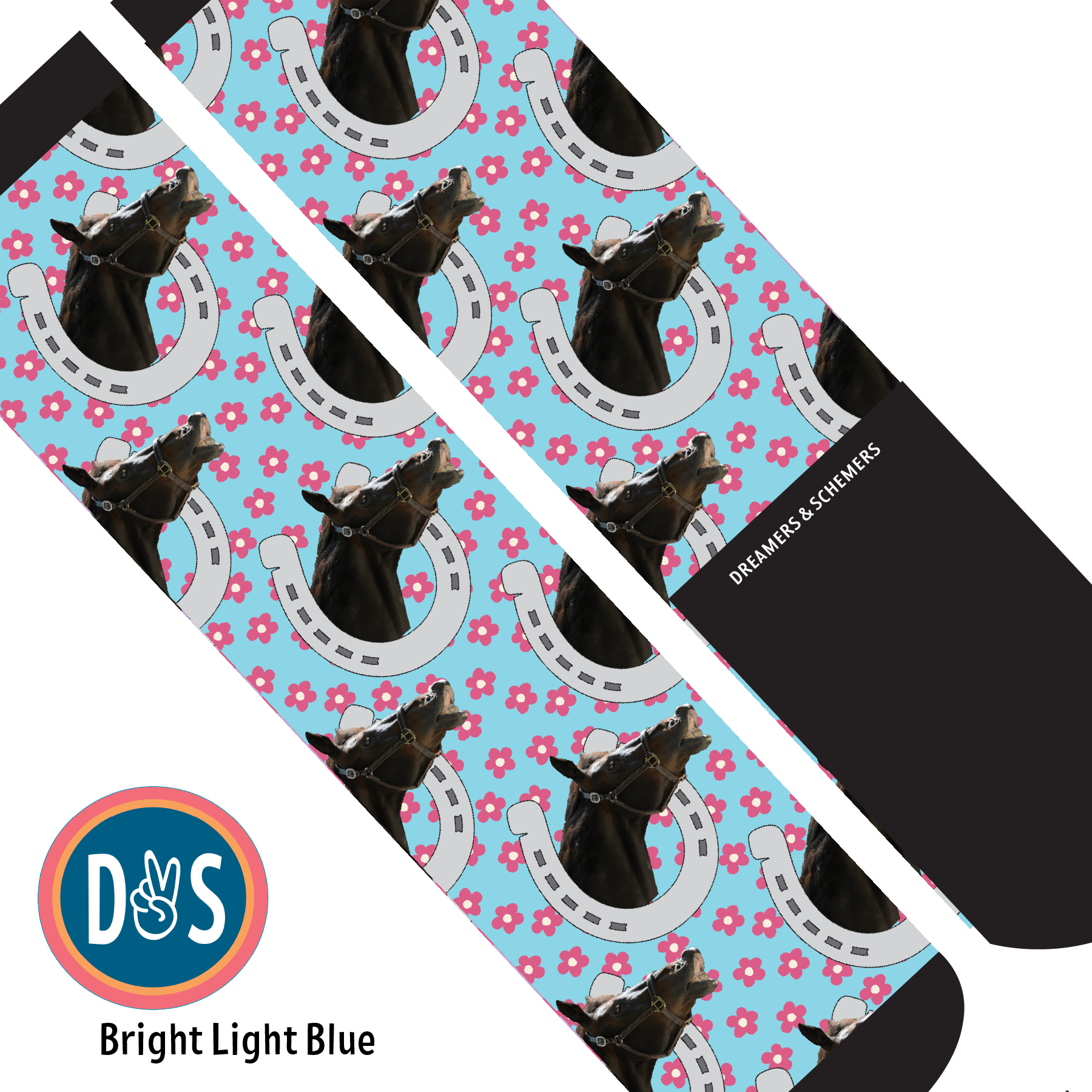 Custom AL Custom Socks Adult / Bright Light Blue Custom Horseshoe with Pinky Petals Socks 1 Photo equestrian boot socks boot socks thin socks riding socks pattern socks tall socks funny socks knee high socks horse socks horse show socks