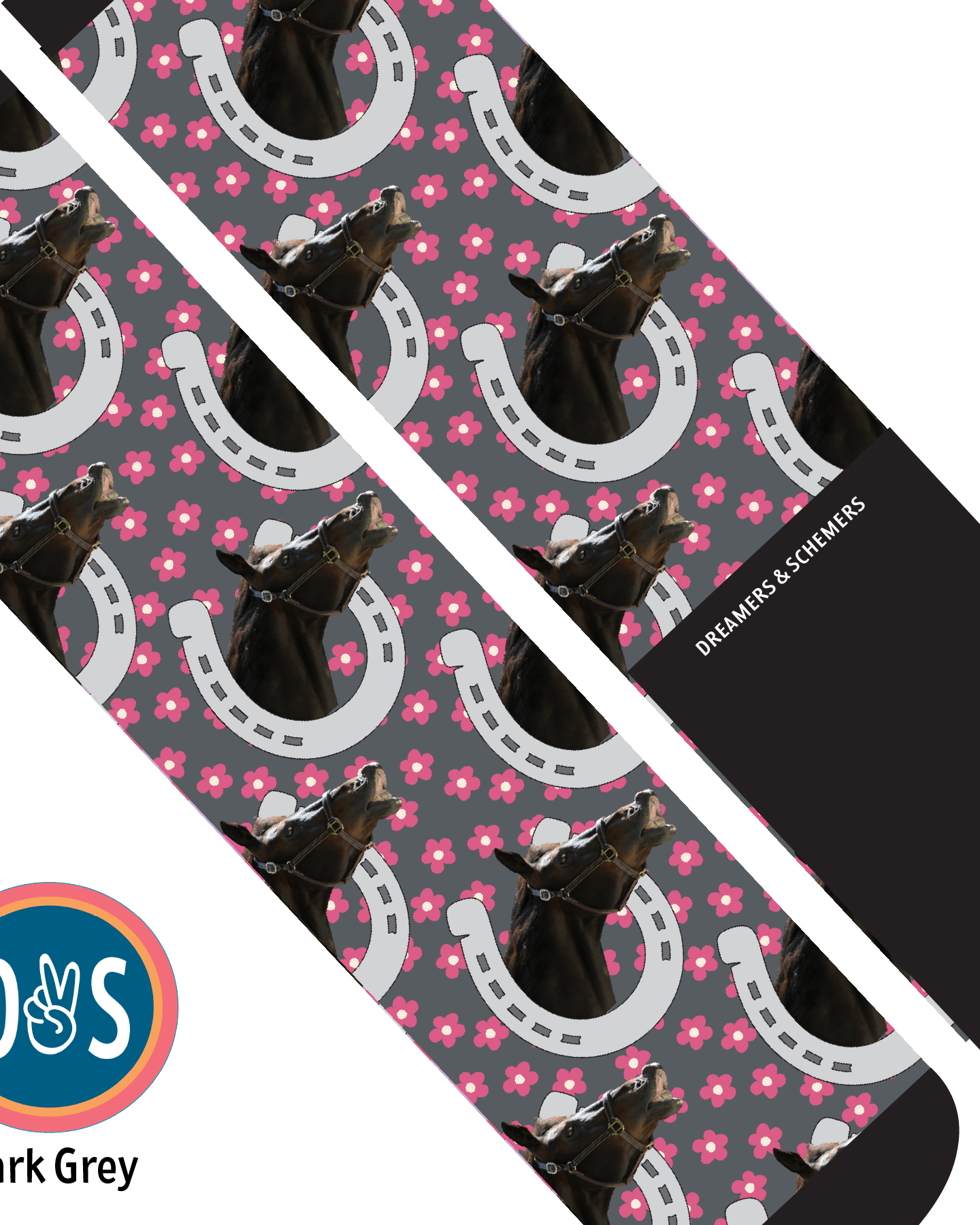 Custom AL Custom Socks Adult / Dark Grey Custom Horseshoe with Pinky Petals Socks 1 Photo equestrian boot socks boot socks thin socks riding socks pattern socks tall socks funny socks knee high socks horse socks horse show socks