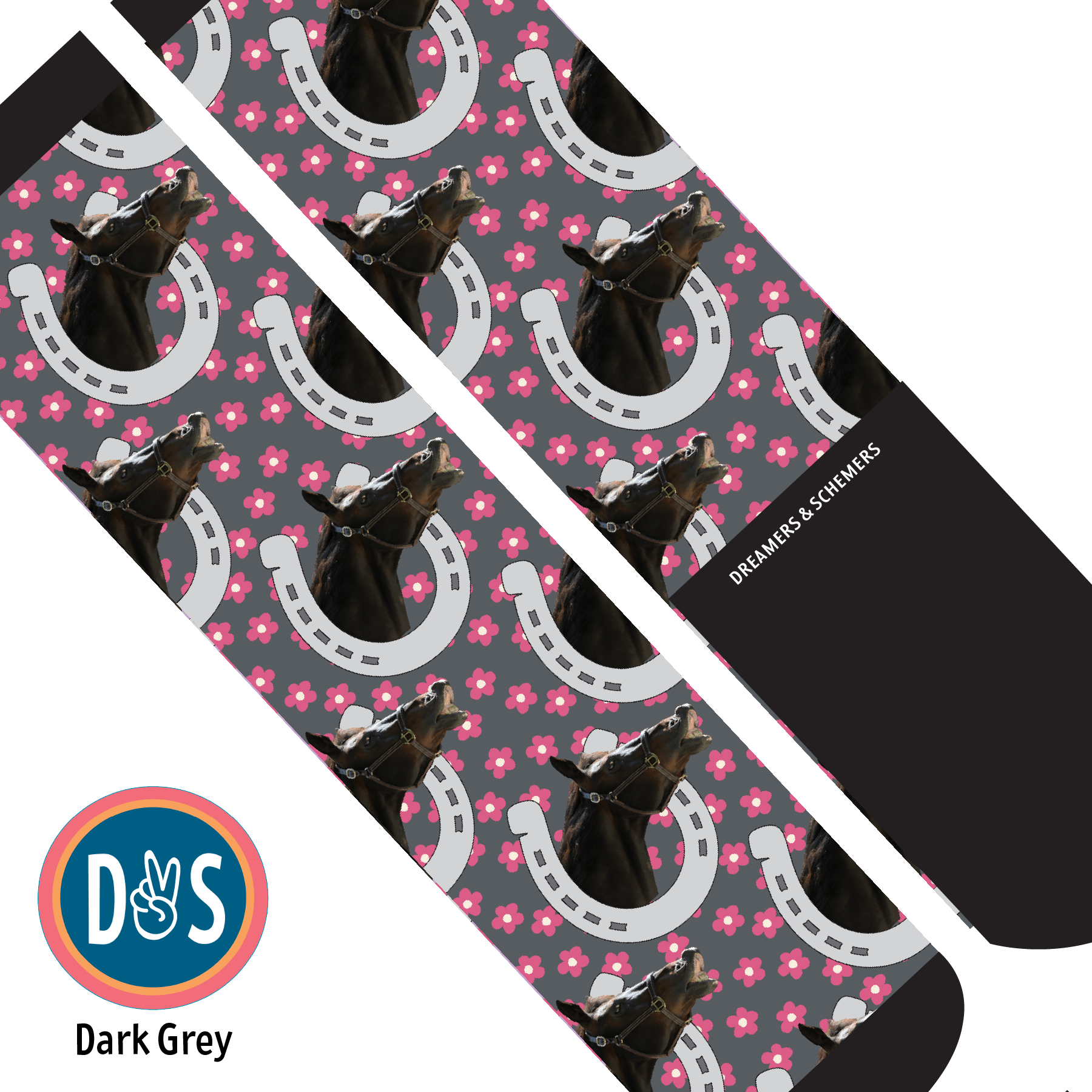 Custom AL Custom Socks Adult / Dark Grey Custom Horseshoe with Pinky Petals Socks 1 Photo equestrian boot socks boot socks thin socks riding socks pattern socks tall socks funny socks knee high socks horse socks horse show socks
