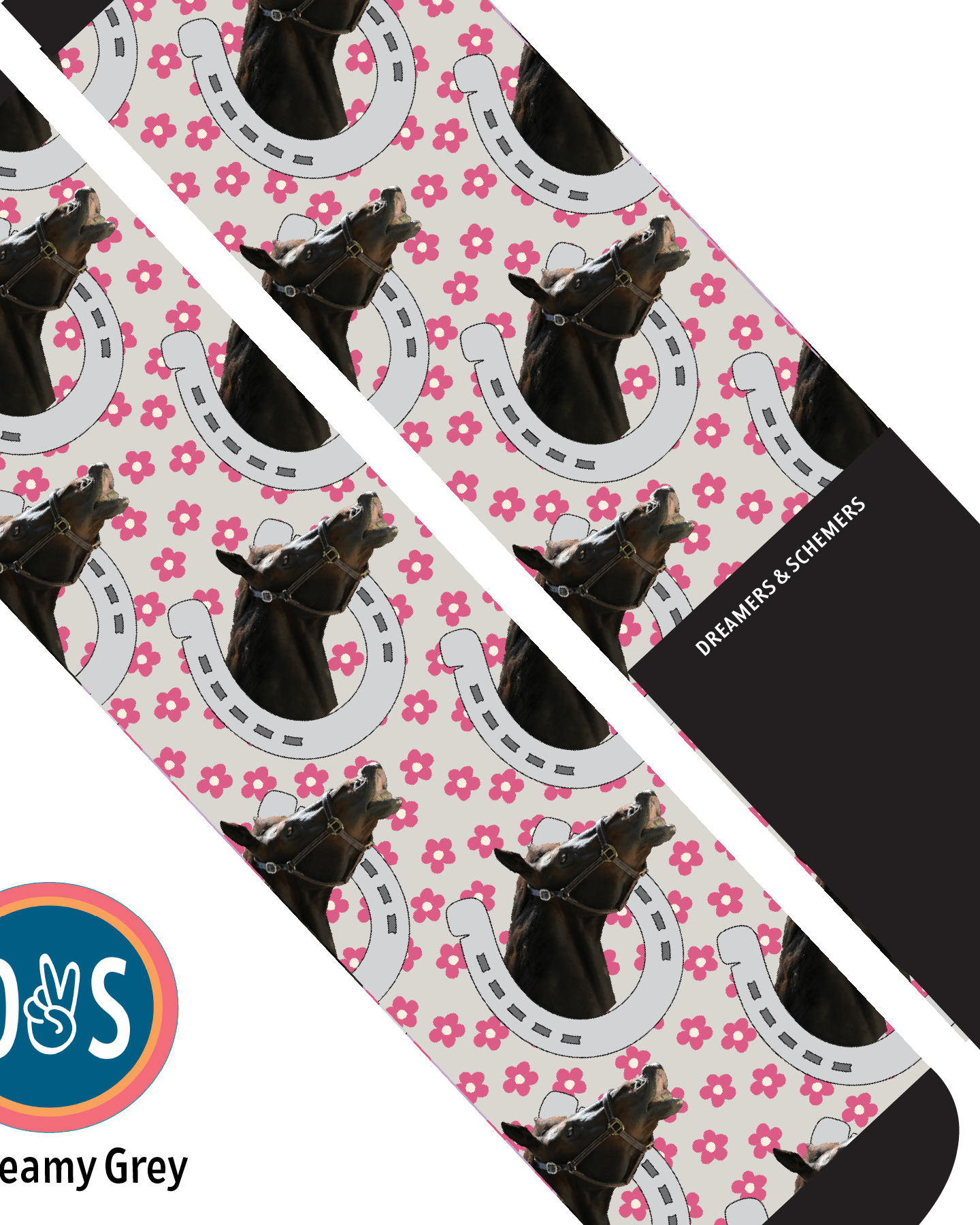 Custom AL Custom Socks Adult / Creamy Grey Custom Horseshoe with Pinky Petals Socks 1 Photo equestrian boot socks boot socks thin socks riding socks pattern socks tall socks funny socks knee high socks horse socks horse show socks