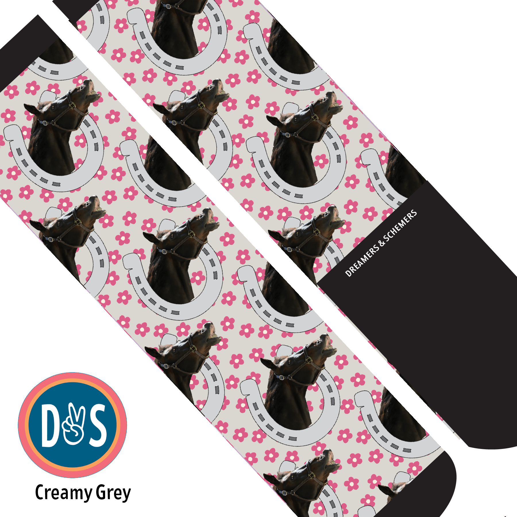 Custom AL Custom Socks Adult / Creamy Grey Custom Horseshoe with Pinky Petals Socks 1 Photo equestrian boot socks boot socks thin socks riding socks pattern socks tall socks funny socks knee high socks horse socks horse show socks