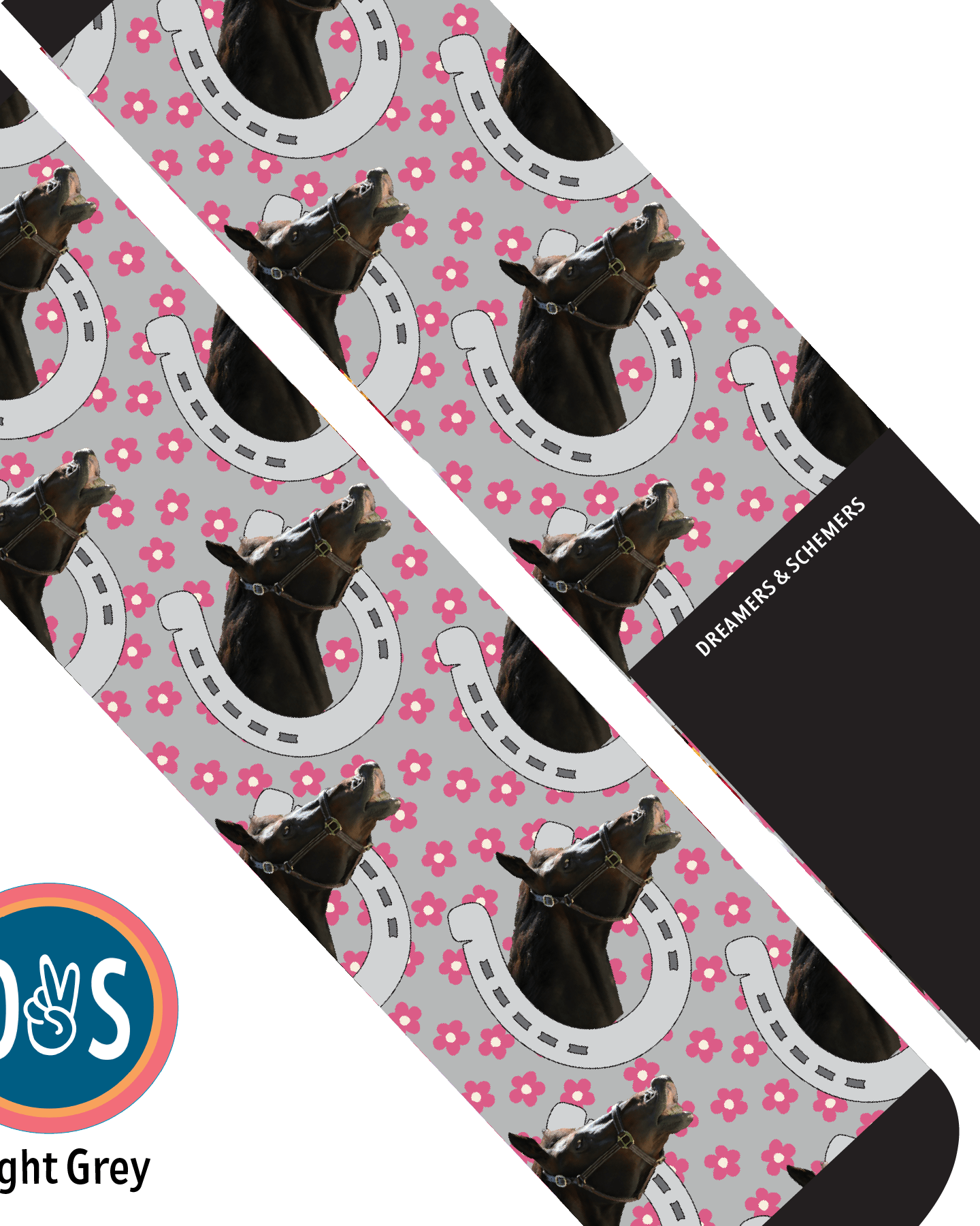 Custom AL Custom Socks Adult / Light Grey Custom Horseshoe with Pinky Petals Socks 1 Photo equestrian boot socks boot socks thin socks riding socks pattern socks tall socks funny socks knee high socks horse socks horse show socks