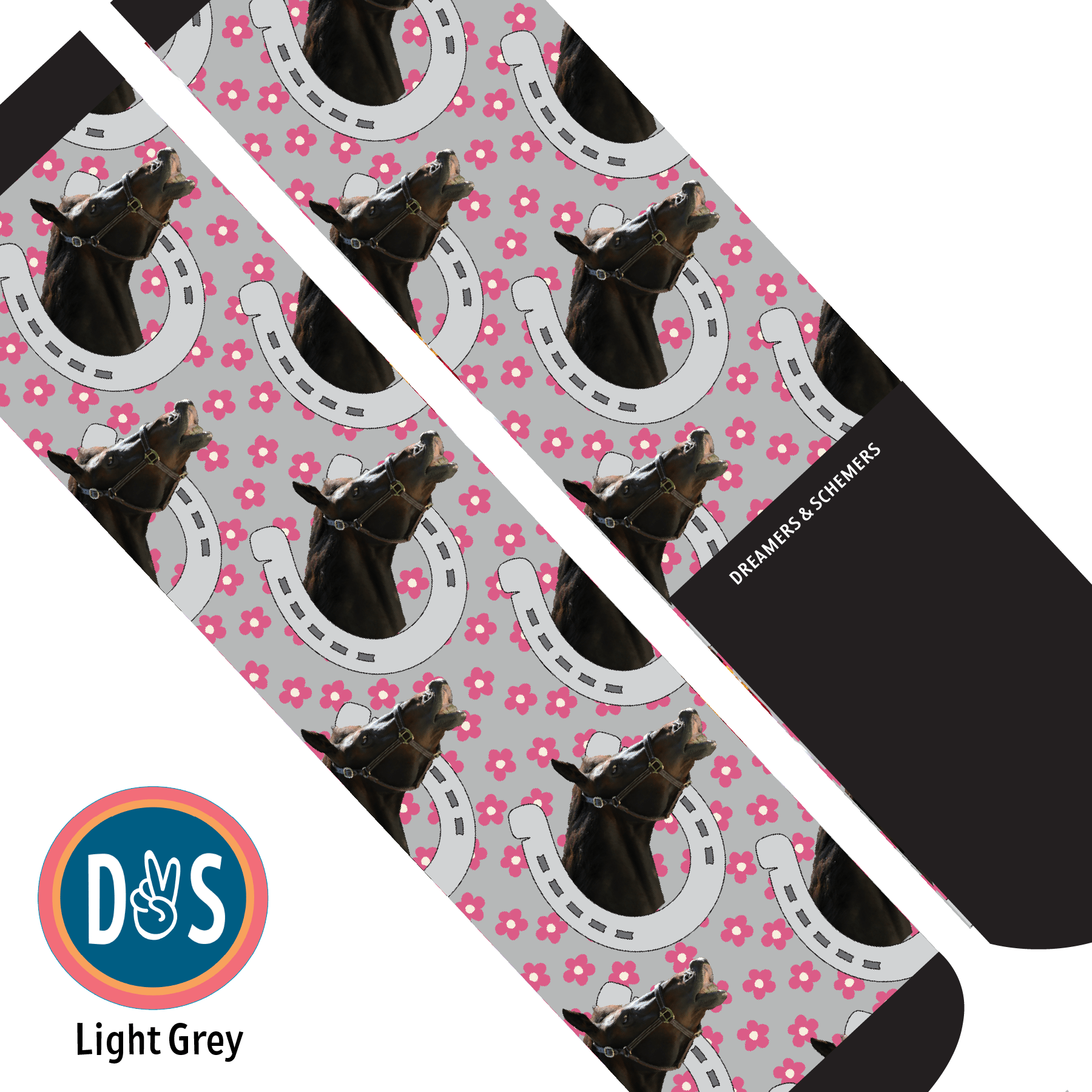Custom AL Custom Socks Adult / Light Grey Custom Horseshoe with Pinky Petals Socks 1 Photo equestrian boot socks boot socks thin socks riding socks pattern socks tall socks funny socks knee high socks horse socks horse show socks
