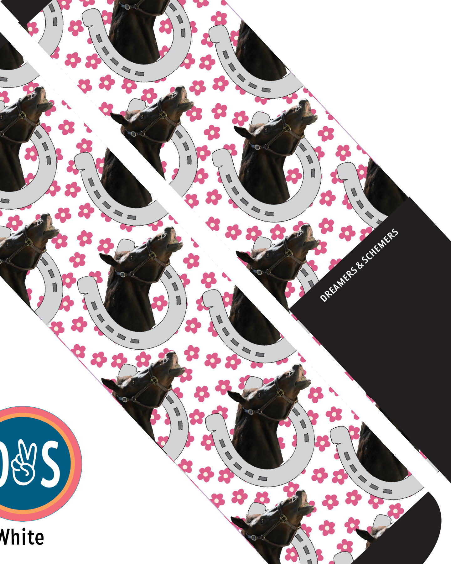 Custom AL Custom Socks Adult / White Custom Horseshoe with Pinky Petals Socks 1 Photo equestrian boot socks boot socks thin socks riding socks pattern socks tall socks funny socks knee high socks horse socks horse show socks
