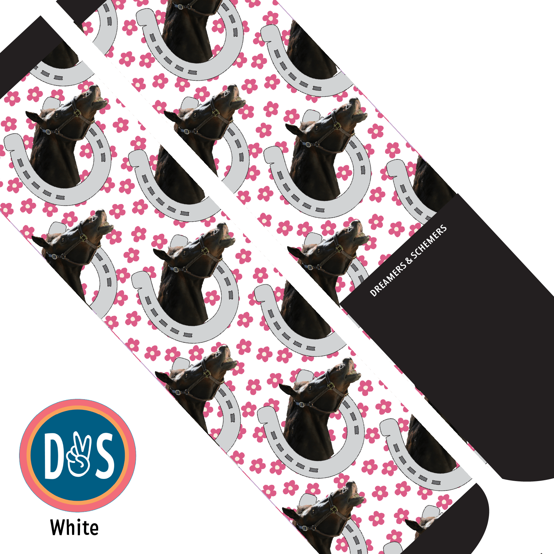Custom AL Custom Socks Adult / White Custom Horseshoe with Pinky Petals Socks 1 Photo equestrian boot socks boot socks thin socks riding socks pattern socks tall socks funny socks knee high socks horse socks horse show socks
