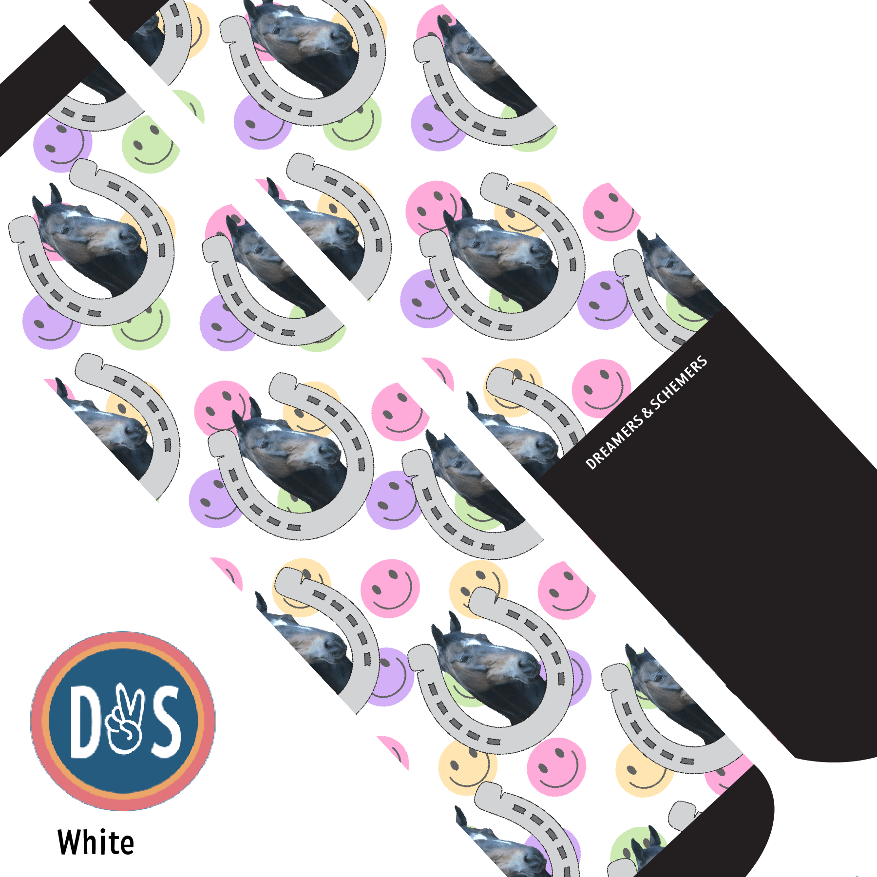 Custom AL Custom Socks Adult / White Custom Horseshoe with Smiley Vibes Socks 1 Photo equestrian boot socks boot socks thin socks riding socks pattern socks tall socks funny socks knee high socks horse socks horse show socks