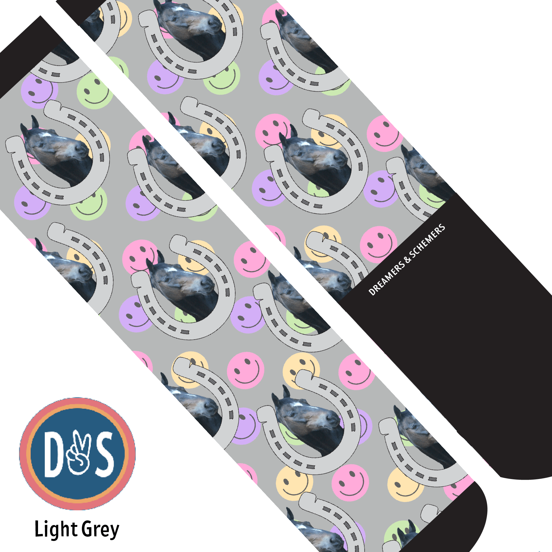 Custom AL Custom Socks Adult / Light Grey Custom Horseshoe with Smiley Vibes Socks 1 Photo equestrian boot socks boot socks thin socks riding socks pattern socks tall socks funny socks knee high socks horse socks horse show socks