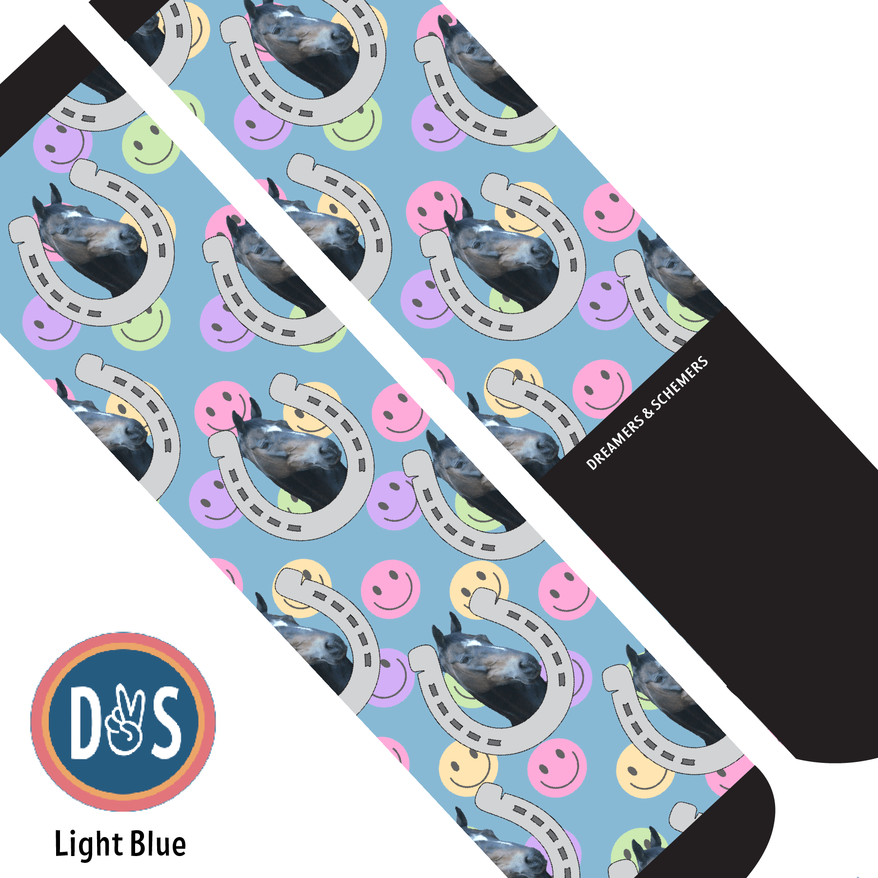 Custom AL Custom Socks Adult / Light Blue Custom Horseshoe with Smiley Vibes Socks 1 Photo equestrian boot socks boot socks thin socks riding socks pattern socks tall socks funny socks knee high socks horse socks horse show socks
