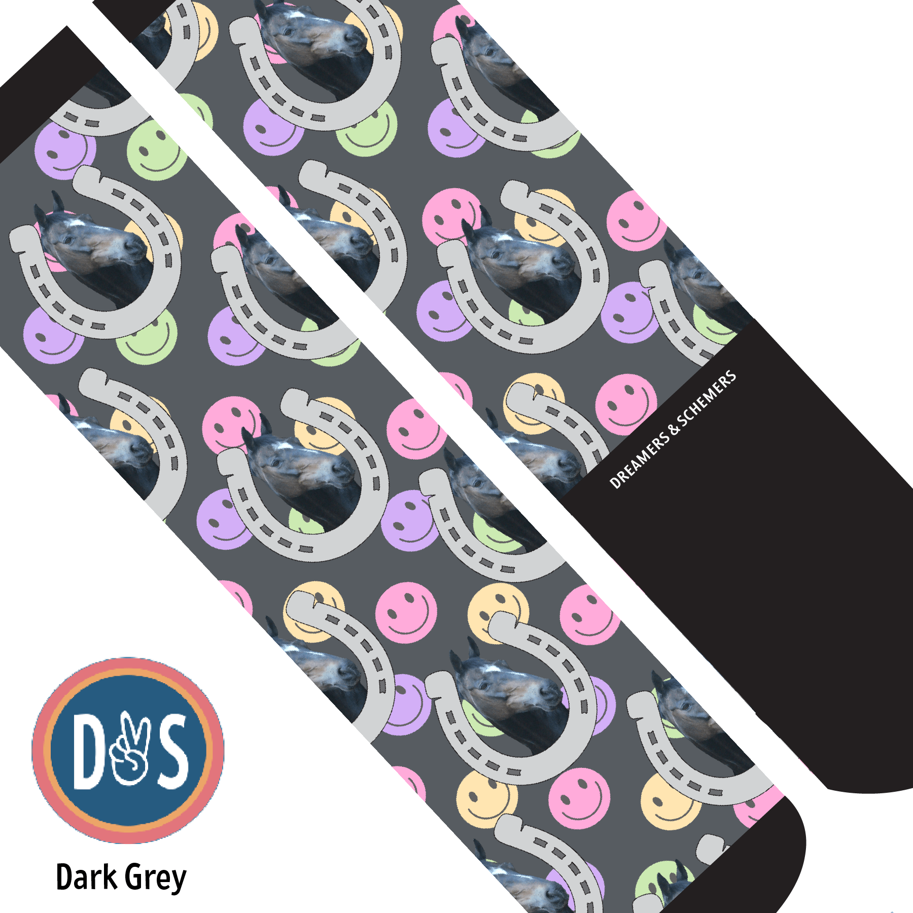 Custom AL Custom Socks Adult / Dark Grey Custom Horseshoe with Smiley Vibes Socks 1 Photo equestrian boot socks boot socks thin socks riding socks pattern socks tall socks funny socks knee high socks horse socks horse show socks
