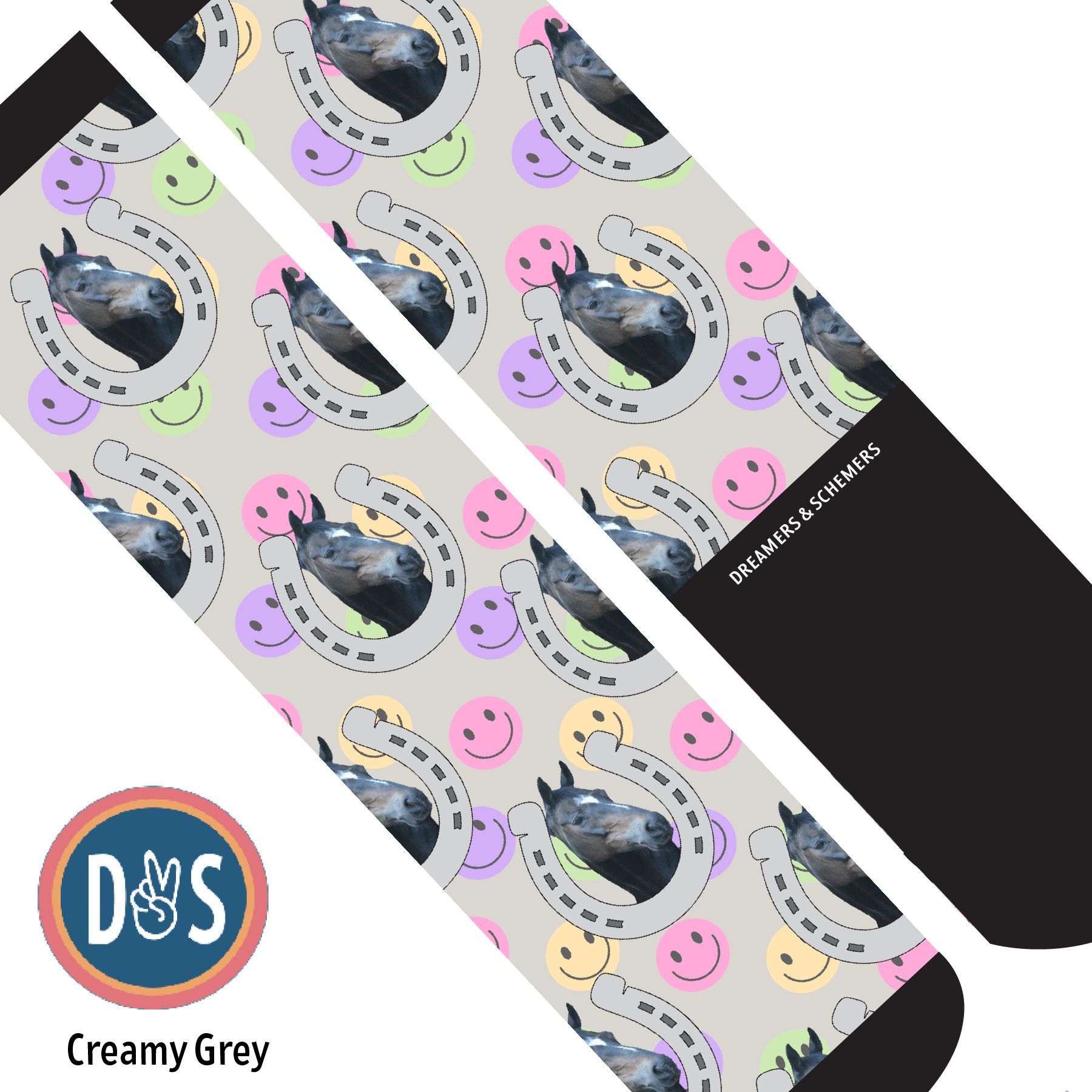 Custom AL Custom Socks Adult / Creamy Grey Custom Horseshoe with Smiley Vibes Socks 1 Photo equestrian boot socks boot socks thin socks riding socks pattern socks tall socks funny socks knee high socks horse socks horse show socks