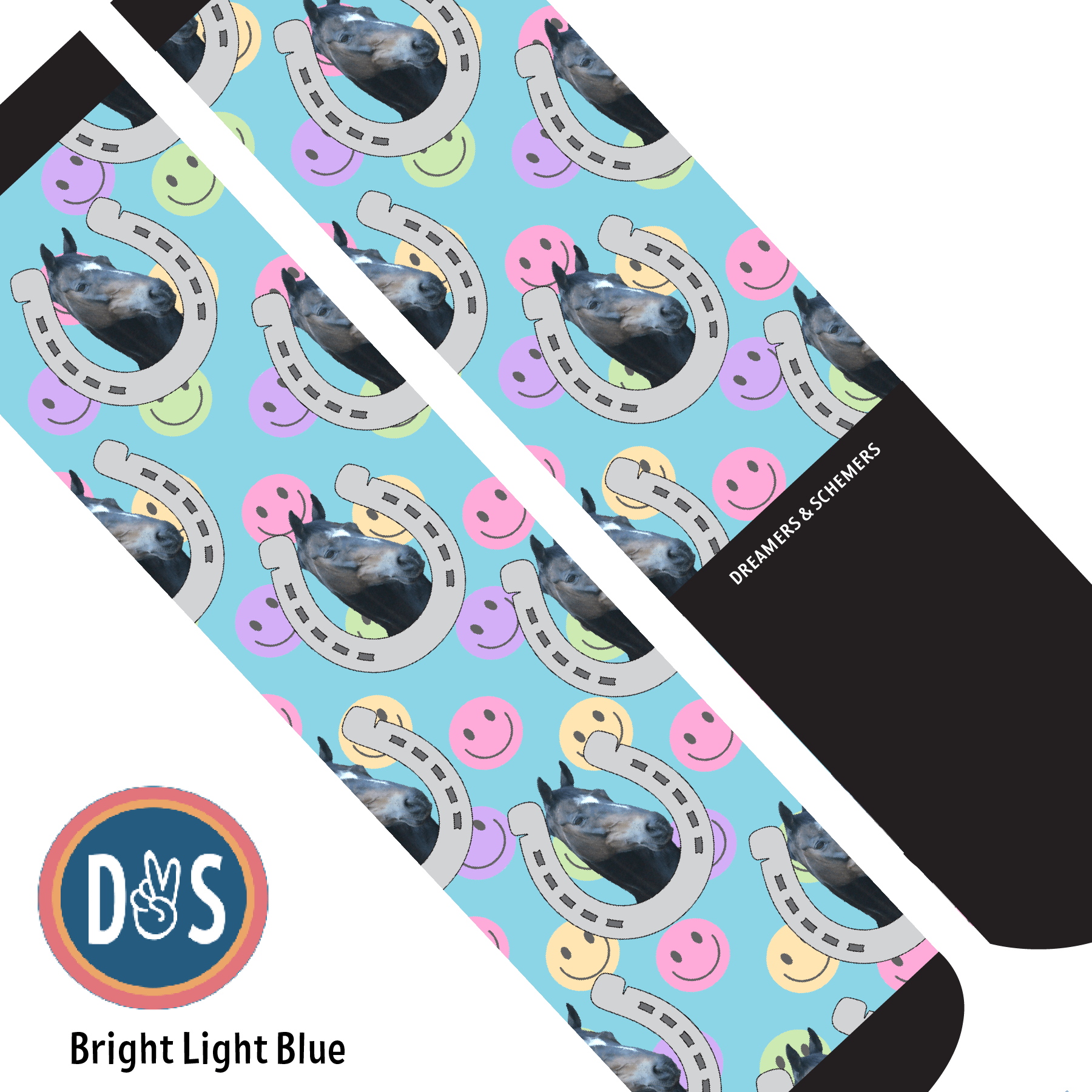 Custom AL Custom Socks Adult / Bright Light Blue Custom Horseshoe with Smiley Vibes Socks 1 Photo equestrian boot socks boot socks thin socks riding socks pattern socks tall socks funny socks knee high socks horse socks horse show socks