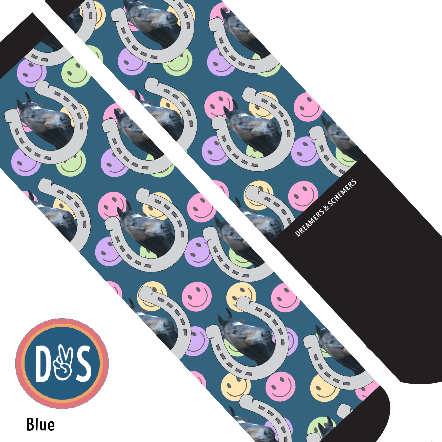 Custom AL Custom Socks Adult / Blue Custom Horseshoe with Smiley Vibes Socks 1 Photo equestrian boot socks boot socks thin socks riding socks pattern socks tall socks funny socks knee high socks horse socks horse show socks