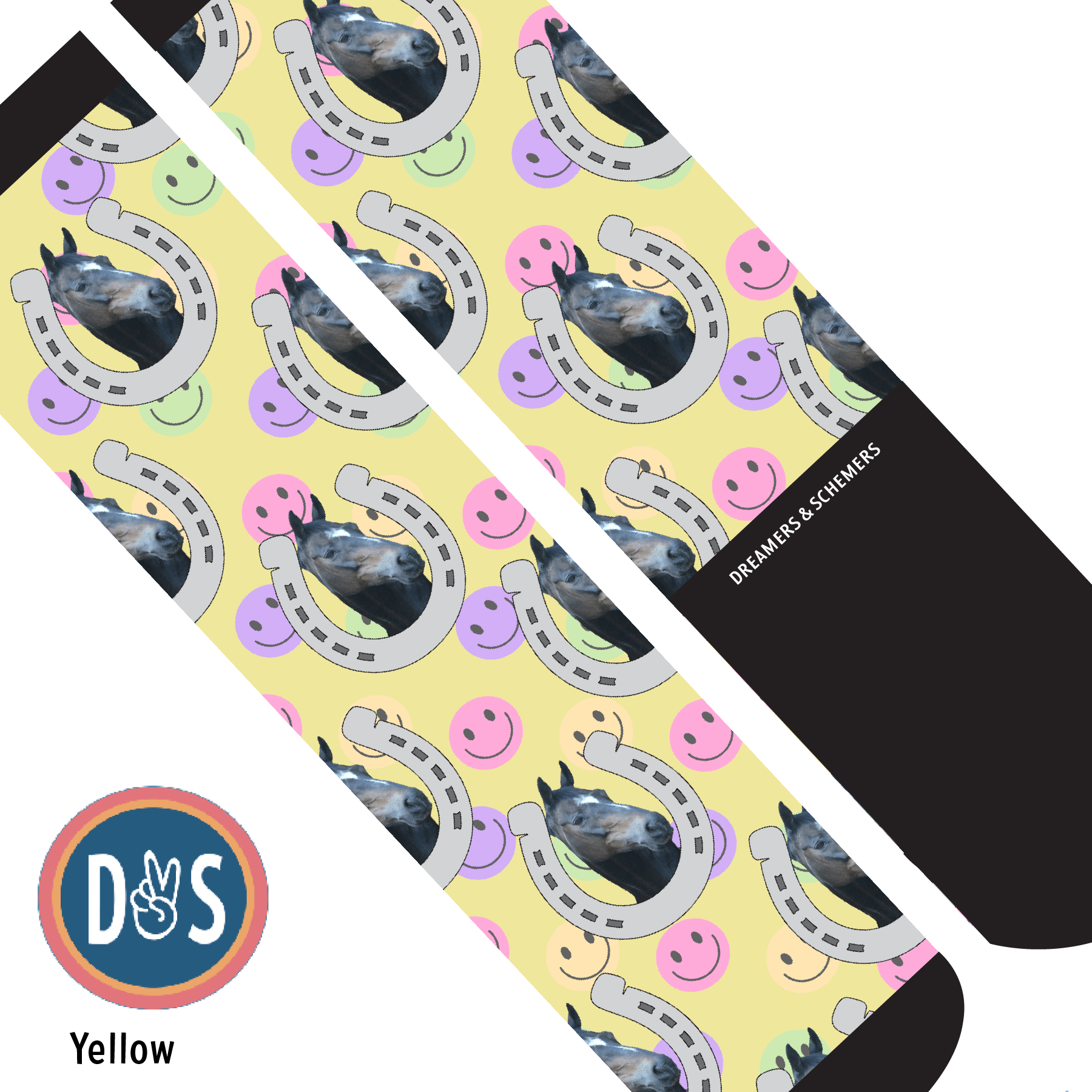 Custom AL Custom Socks Adult / Yellow Custom Horseshoe with Smiley Vibes Socks 1 Photo equestrian boot socks boot socks thin socks riding socks pattern socks tall socks funny socks knee high socks horse socks horse show socks