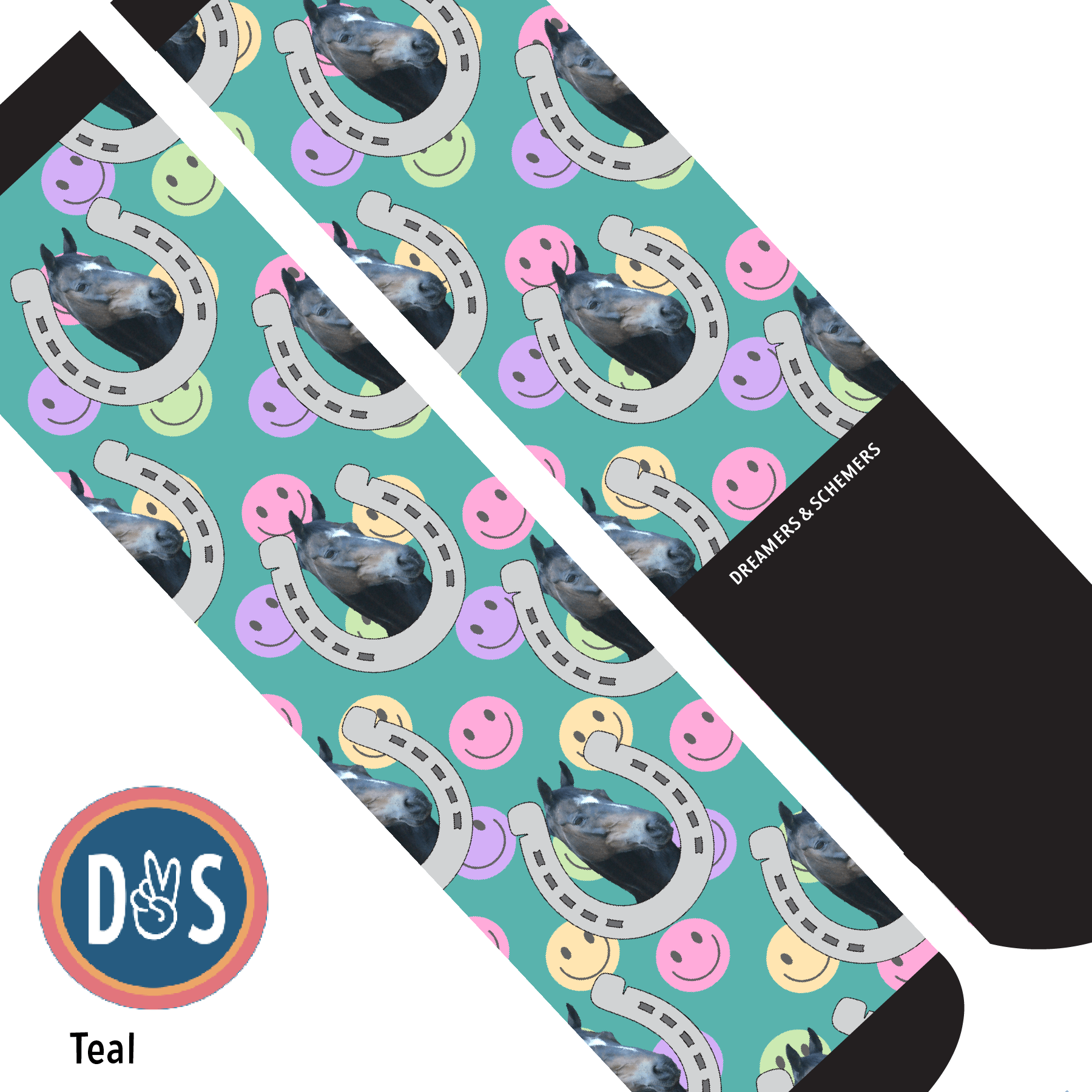 Custom AL Custom Socks Adult / Teal Custom Horseshoe with Smiley Vibes Socks 1 Photo equestrian boot socks boot socks thin socks riding socks pattern socks tall socks funny socks knee high socks horse socks horse show socks