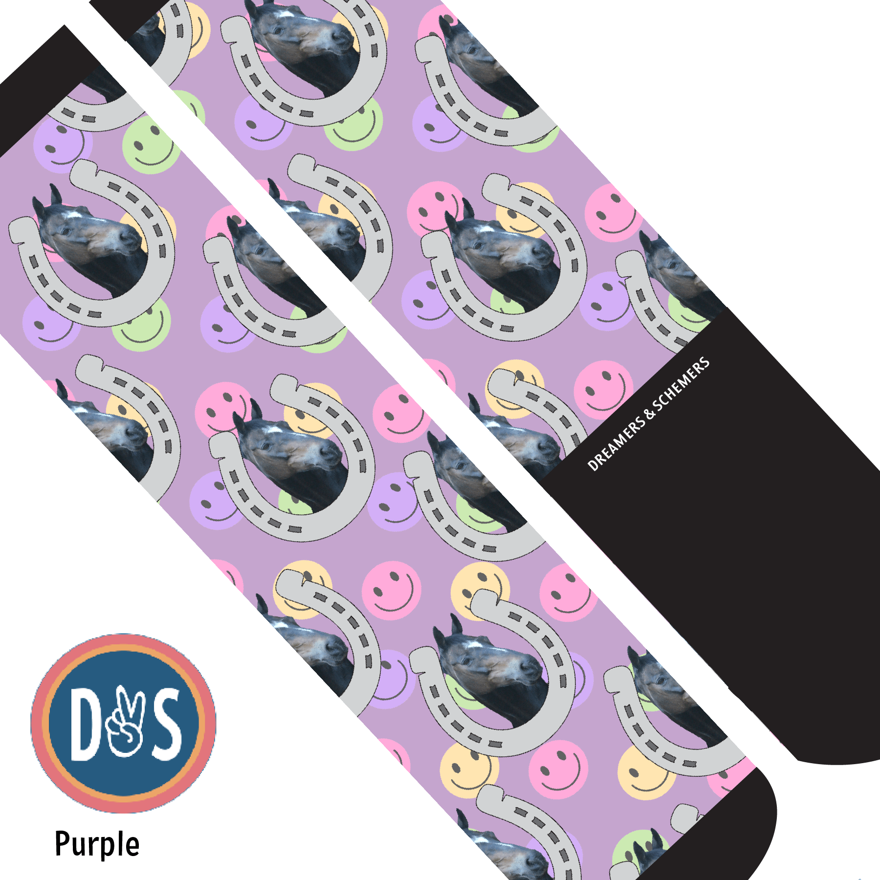 Custom AL Custom Socks Adult / Purple Custom Horseshoe with Smiley Vibes Socks 1 Photo equestrian boot socks boot socks thin socks riding socks pattern socks tall socks funny socks knee high socks horse socks horse show socks