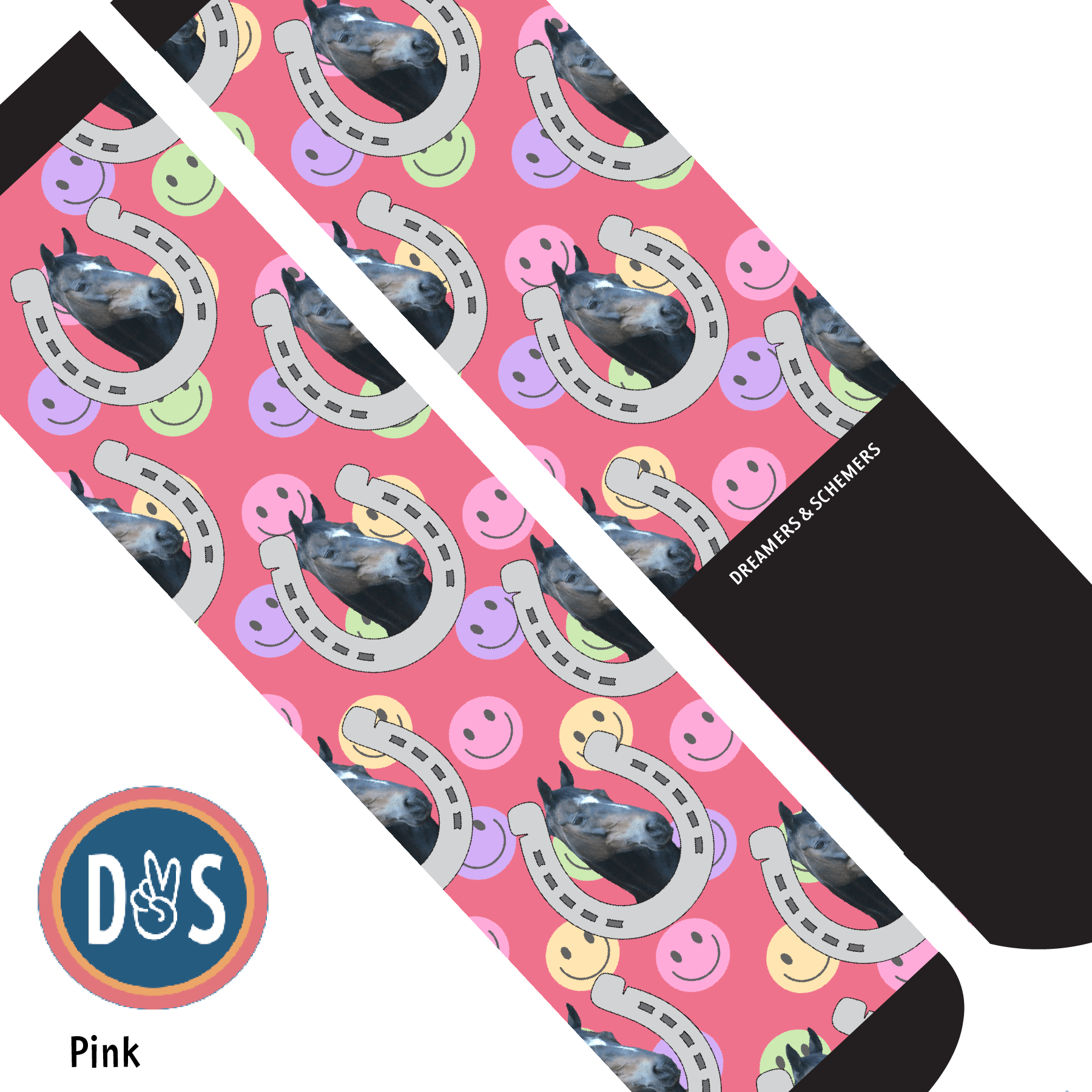 Custom AL Custom Socks Adult / Pink Custom Horseshoe with Smiley Vibes Socks 1 Photo equestrian boot socks boot socks thin socks riding socks pattern socks tall socks funny socks knee high socks horse socks horse show socks