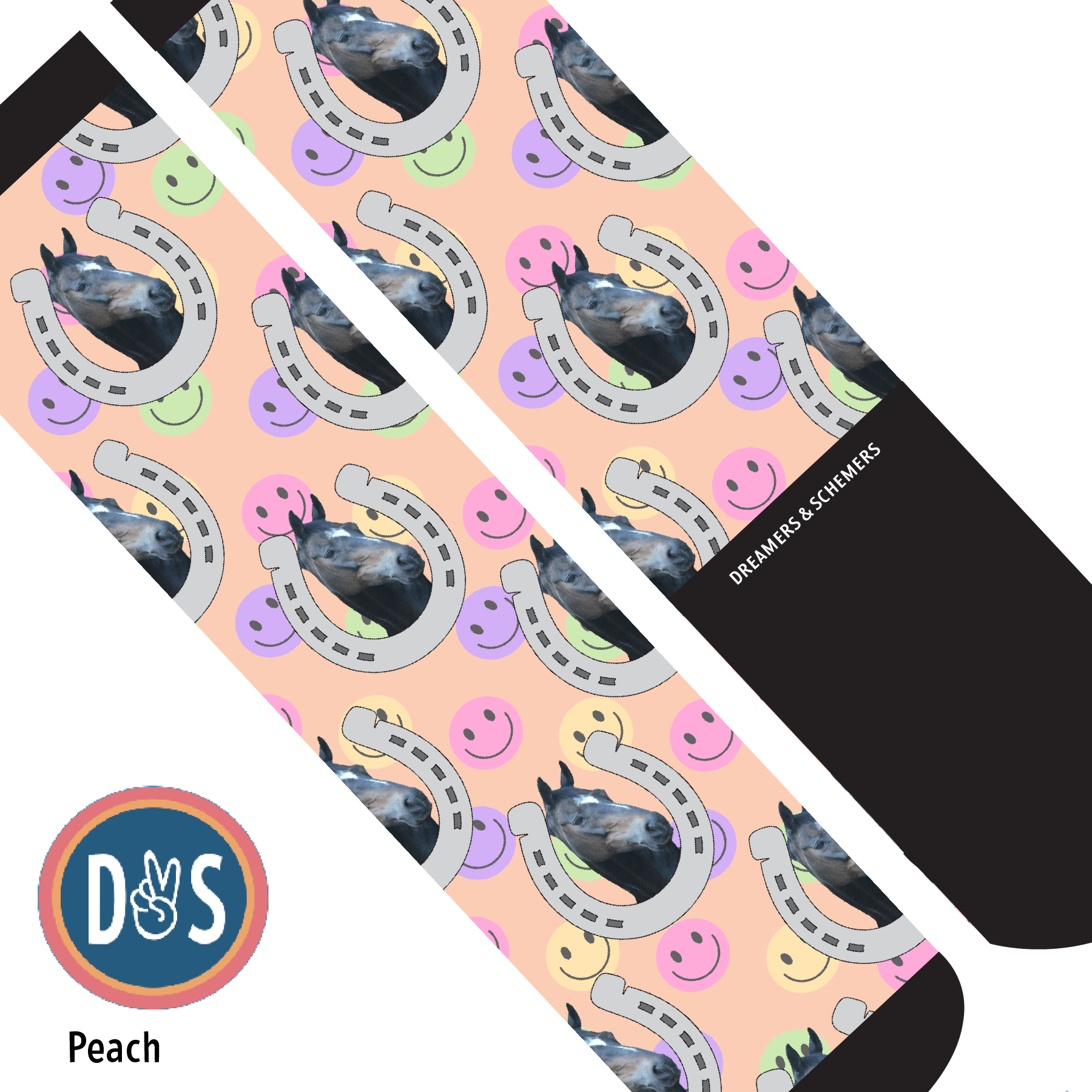Custom AL Custom Socks Adult / Peach Custom Horseshoe with Smiley Vibes Socks 1 Photo equestrian boot socks boot socks thin socks riding socks pattern socks tall socks funny socks knee high socks horse socks horse show socks