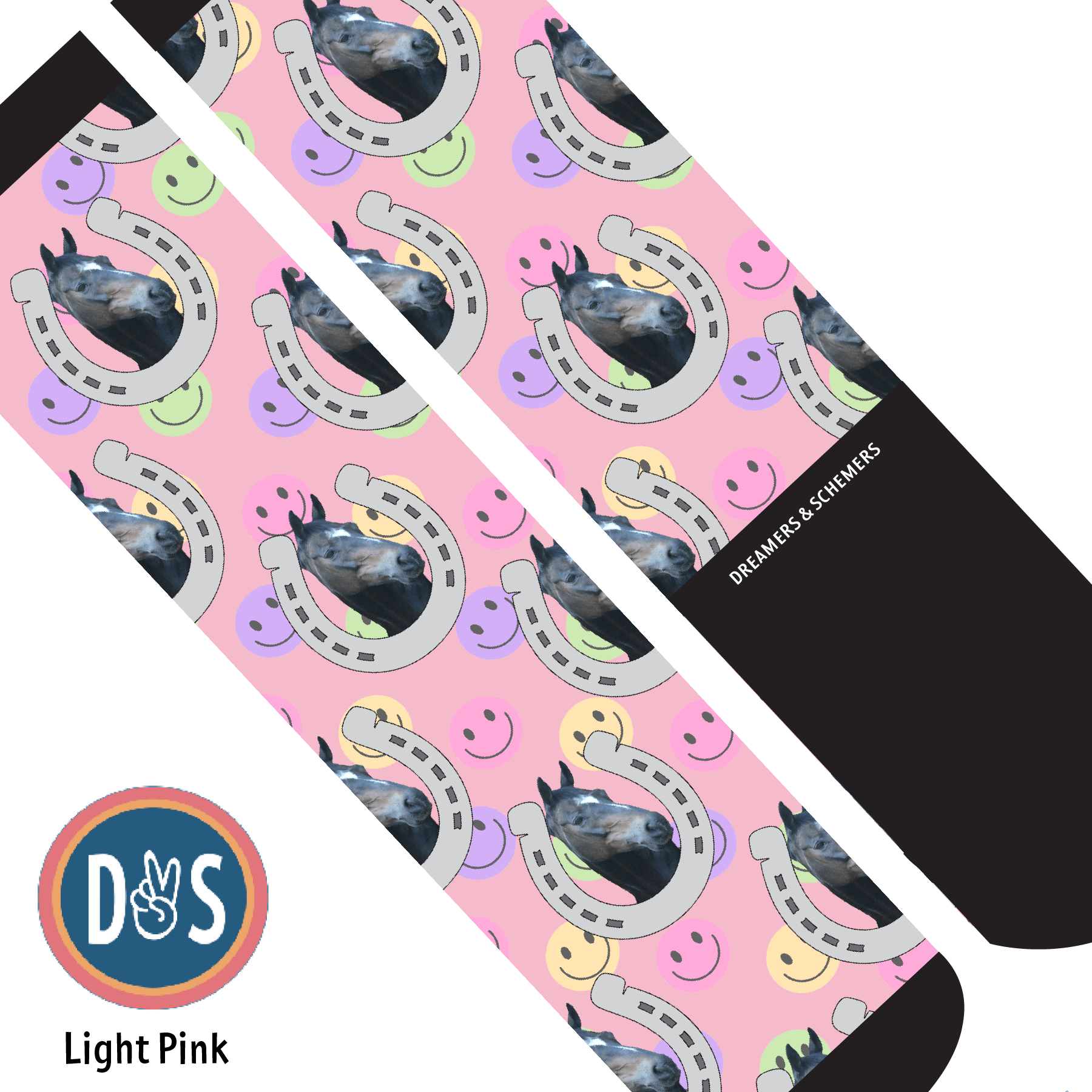 Custom AL Custom Socks Adult / Light Pink Custom Horseshoe with Smiley Vibes Socks 1 Photo equestrian boot socks boot socks thin socks riding socks pattern socks tall socks funny socks knee high socks horse socks horse show socks