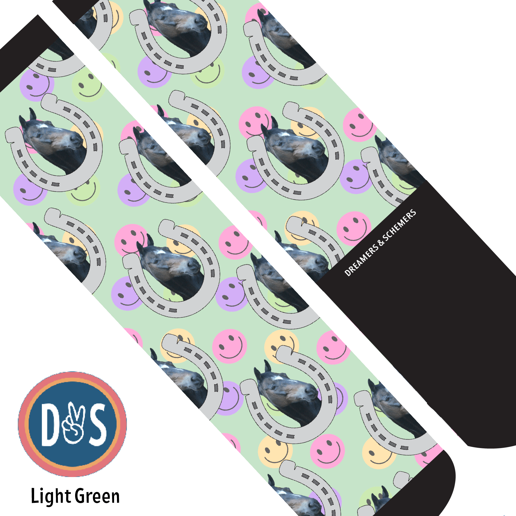 Custom AL Custom Socks Adult / Light Green Custom Horseshoe with Smiley Vibes Socks 1 Photo equestrian boot socks boot socks thin socks riding socks pattern socks tall socks funny socks knee high socks horse socks horse show socks
