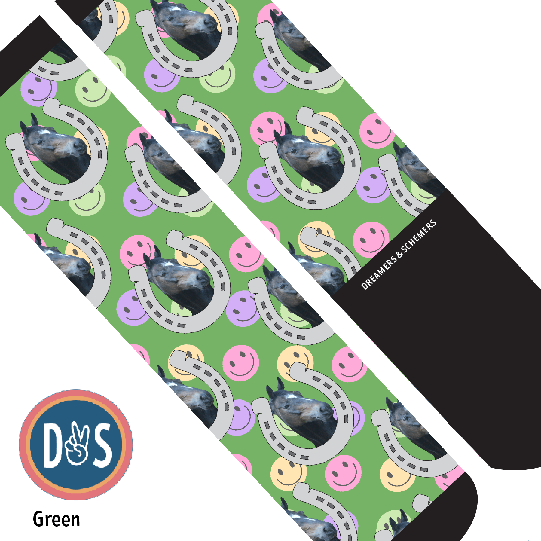Custom AL Custom Socks Adult / Green Custom Horseshoe with Smiley Vibes Socks 1 Photo equestrian boot socks boot socks thin socks riding socks pattern socks tall socks funny socks knee high socks horse socks horse show socks