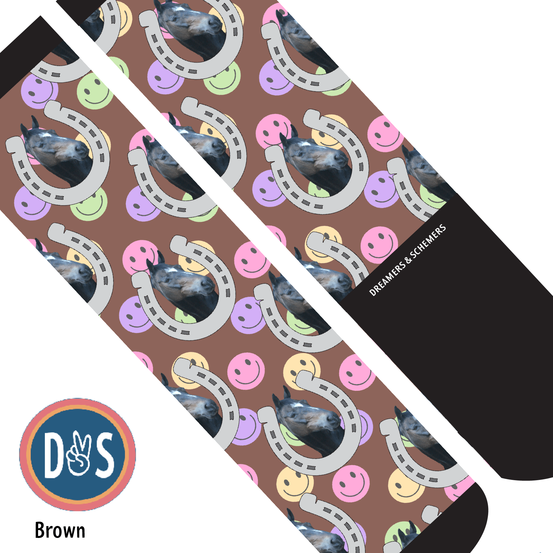 Custom AL Custom Socks Adult / Brown Custom Horseshoe with Smiley Vibes Socks 1 Photo equestrian boot socks boot socks thin socks riding socks pattern socks tall socks funny socks knee high socks horse socks horse show socks