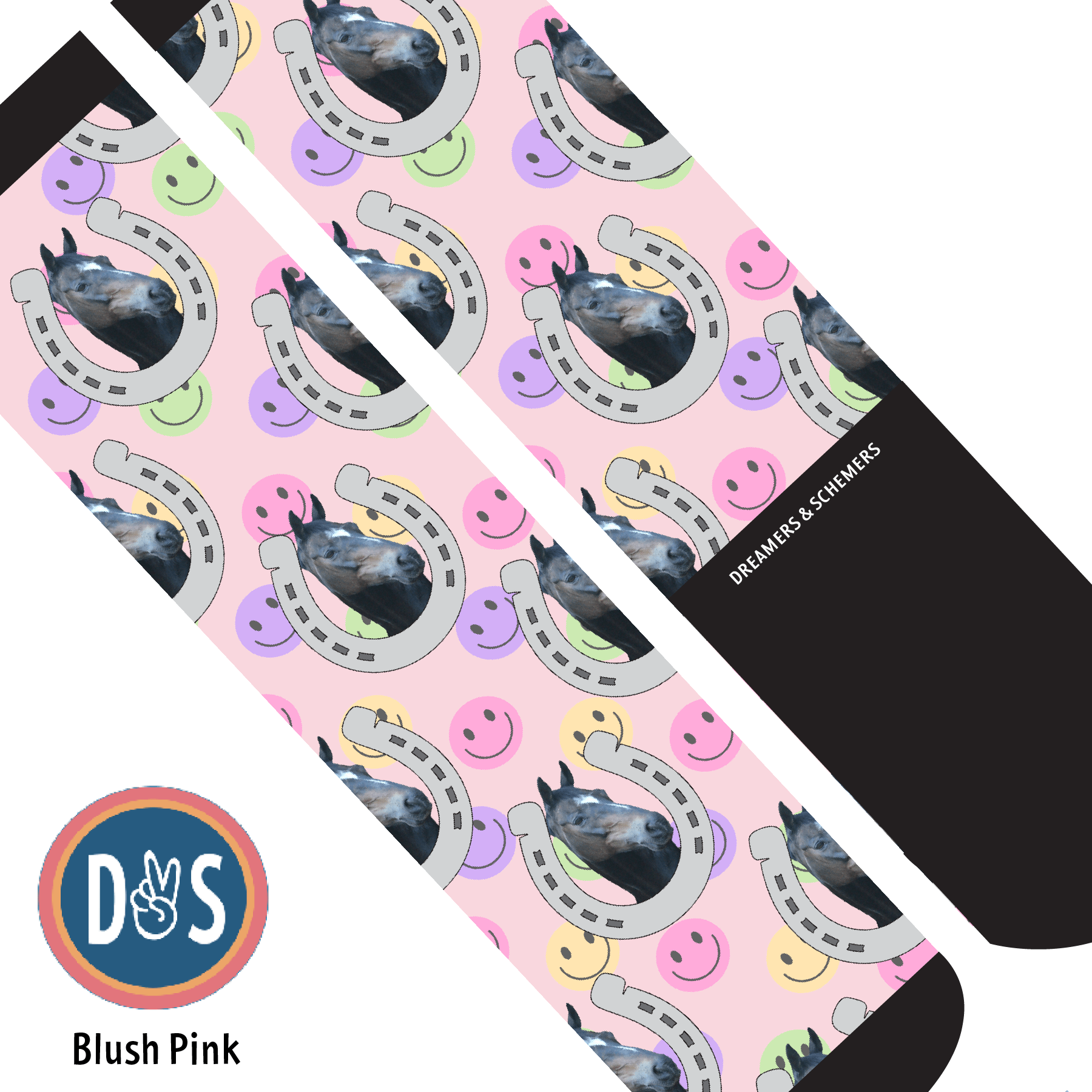 Custom AL Custom Socks Adult / Blush Pink Custom Horseshoe with Smiley Vibes Socks 1 Photo equestrian boot socks boot socks thin socks riding socks pattern socks tall socks funny socks knee high socks horse socks horse show socks