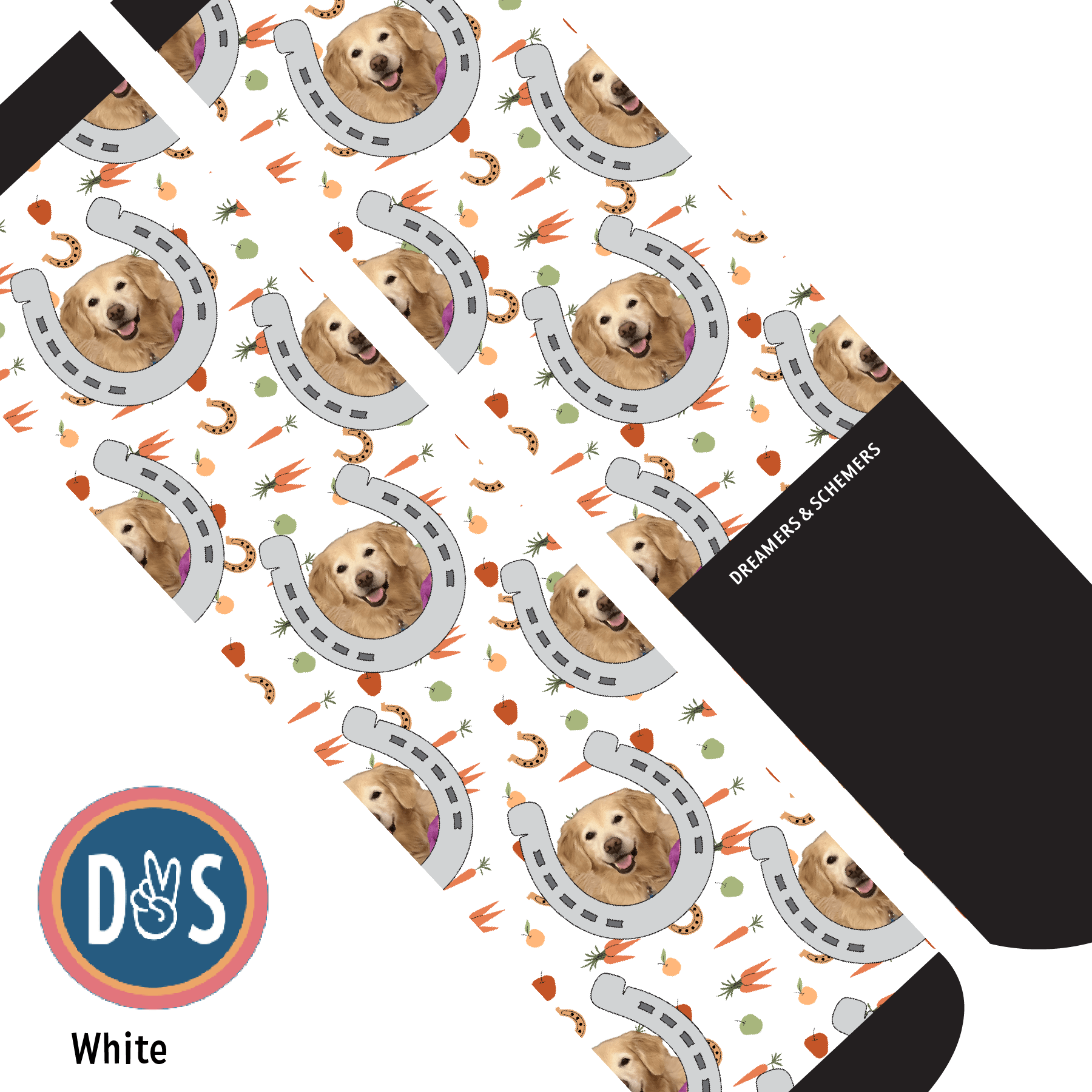 Custom AL Custom Socks Adult / White Custom Horseshoe with Stable Snackies Socks 1 Photo equestrian boot socks boot socks thin socks riding socks pattern socks tall socks funny socks knee high socks horse socks horse show socks