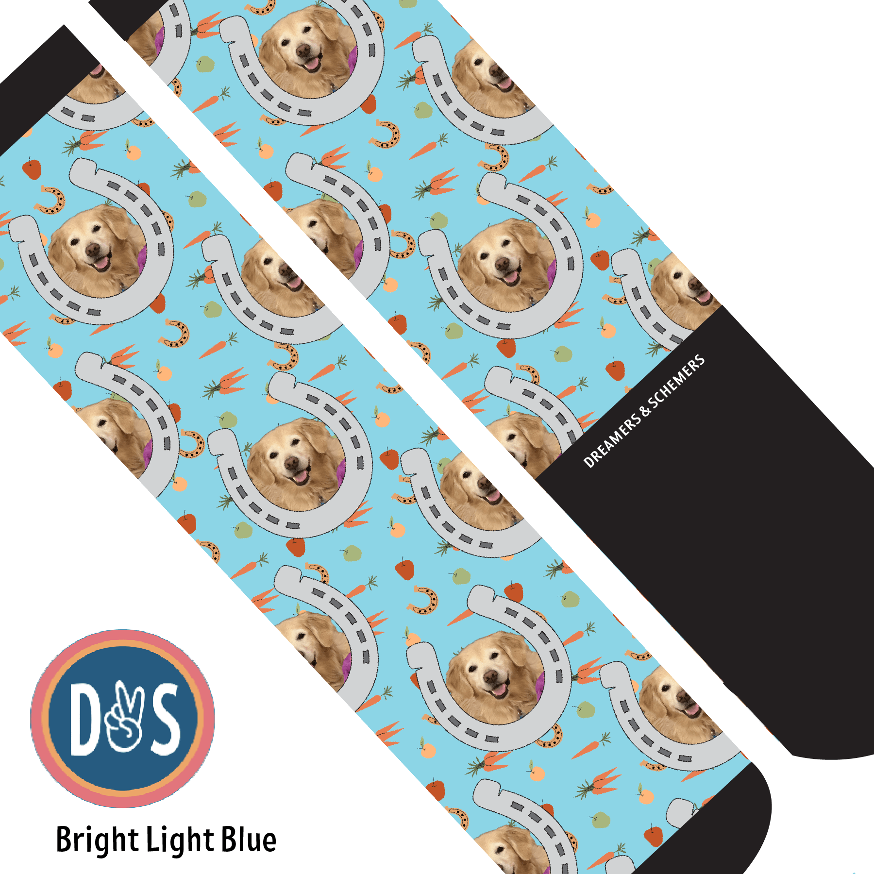 Custom AL Custom Socks Adult / Bright Light Blue Custom Horseshoe with Stable Snackies Socks 1 Photo equestrian boot socks boot socks thin socks riding socks pattern socks tall socks funny socks knee high socks horse socks horse show socks