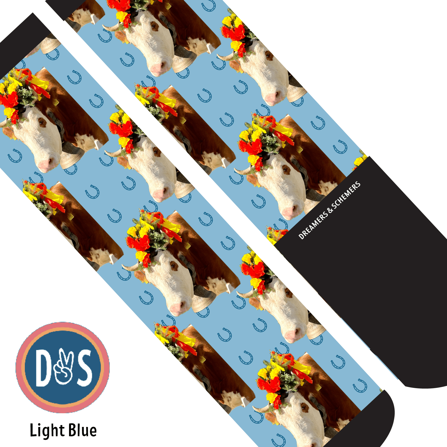Custom AL Custom Socks Adult / Light Blue Custom Solo with Blue Horseshoes Socks 1 Photo equestrian boot socks boot socks thin socks riding socks pattern socks tall socks funny socks knee high socks horse socks horse show socks