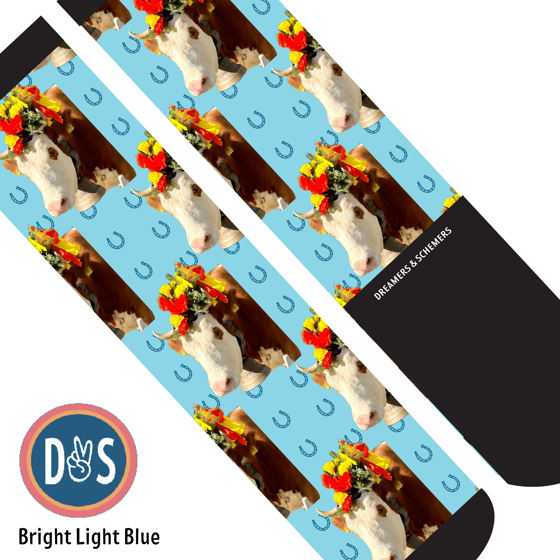 Custom AL Custom Socks Adult / Bright Light Blue Custom Solo with Blue Horseshoes Socks 1 Photo equestrian boot socks boot socks thin socks riding socks pattern socks tall socks funny socks knee high socks horse socks horse show socks