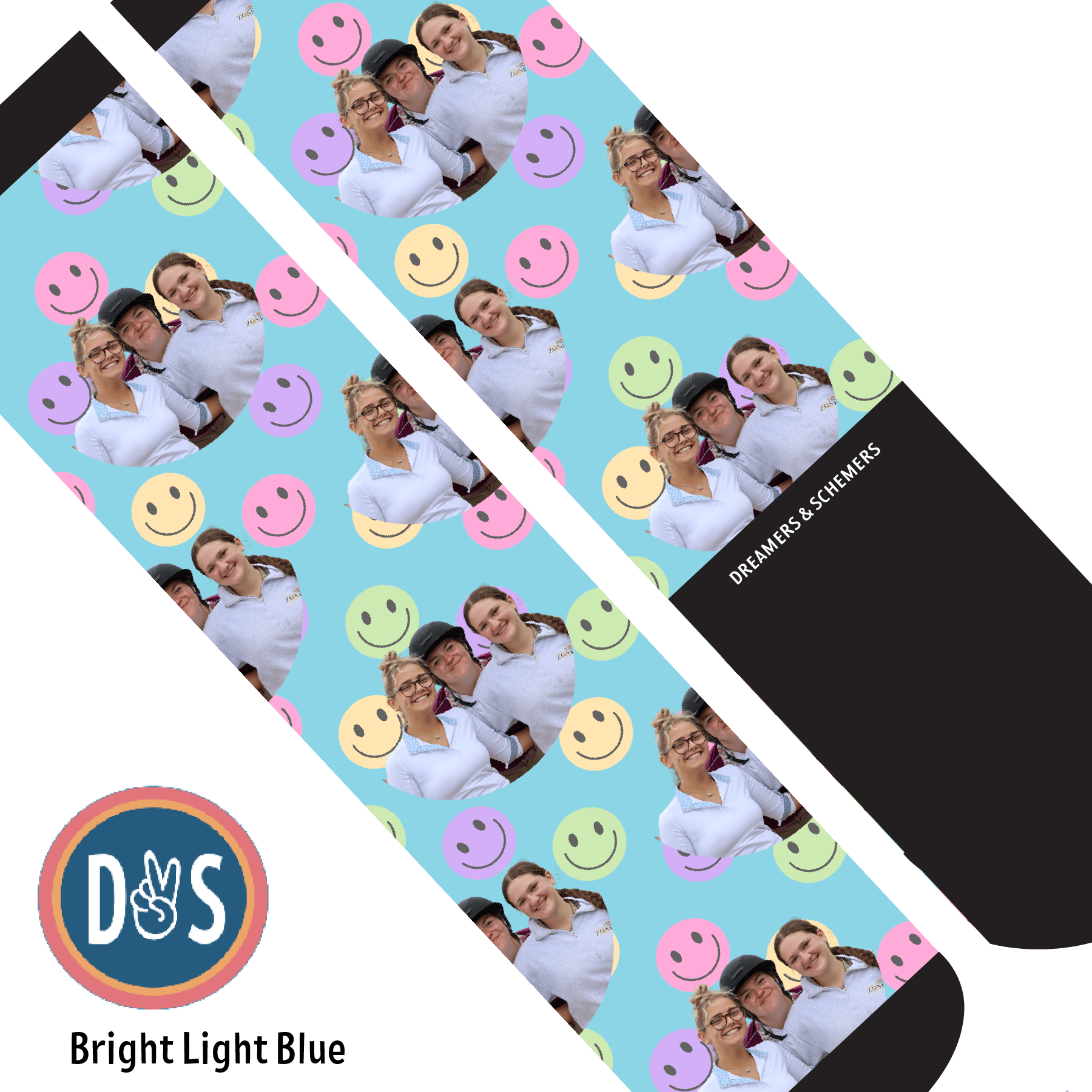 Custom AL Custom Socks Adult / Bright Light Blue Custom Solo with Smiley Vibes Socks 1 Photo equestrian boot socks boot socks thin socks riding socks pattern socks tall socks funny socks knee high socks horse socks horse show socks