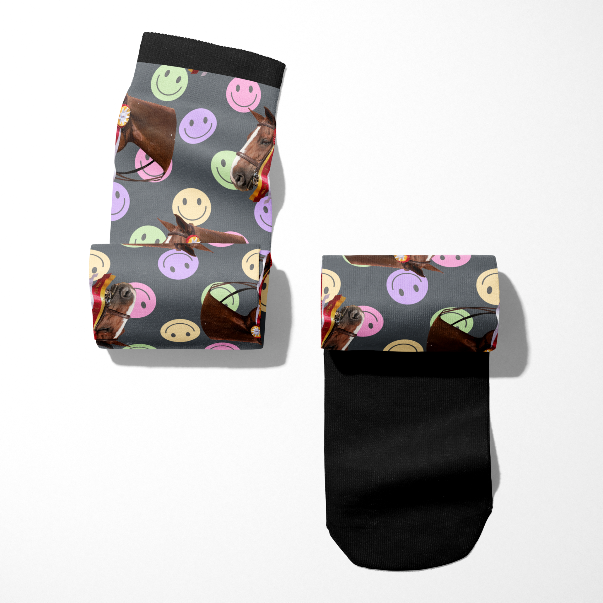 Custom solo socks with smiley face pattern and personalized horse photo design