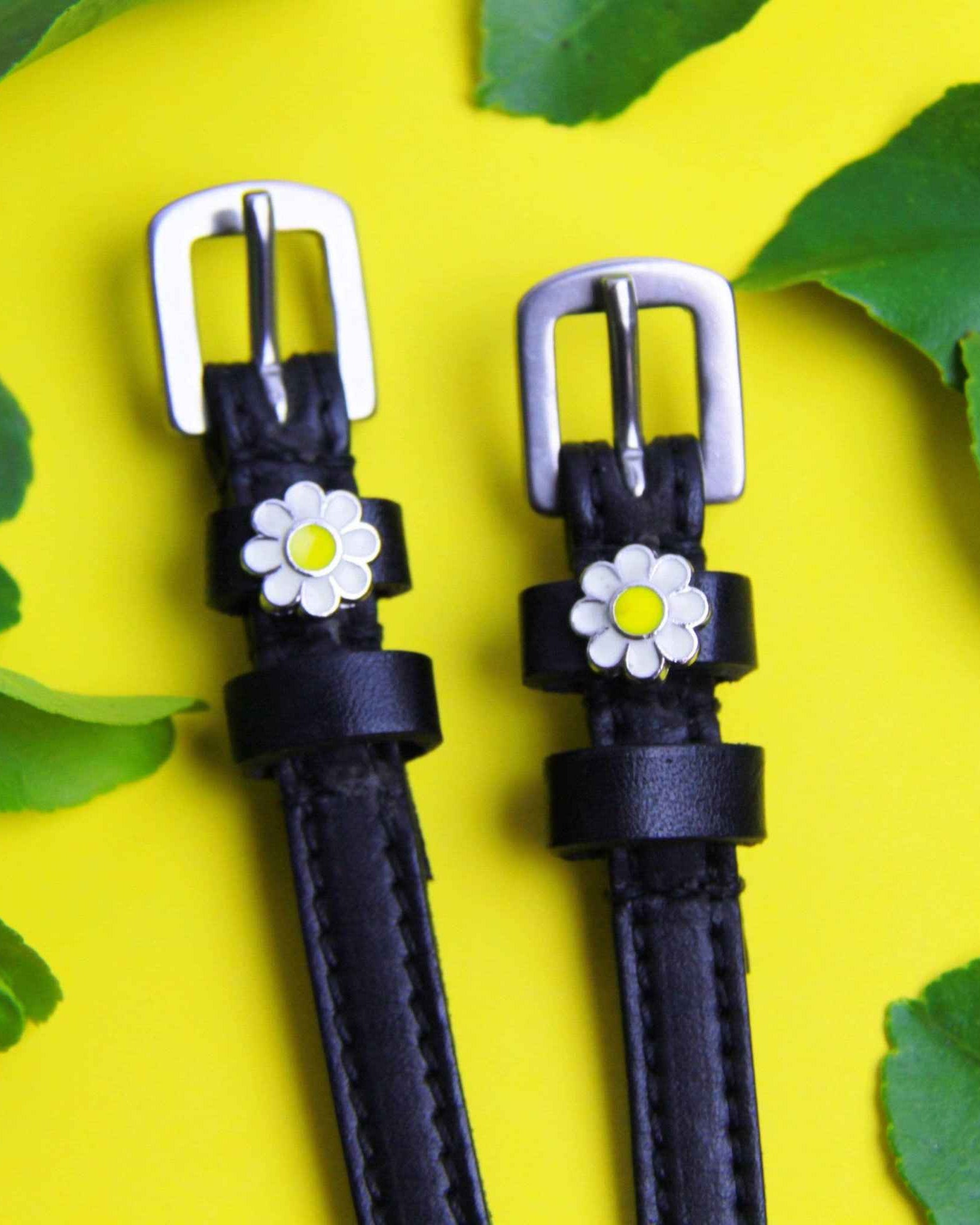 Daisy Flower patterned spur straps, alternate angle, equestrian accessory by ManeJane
