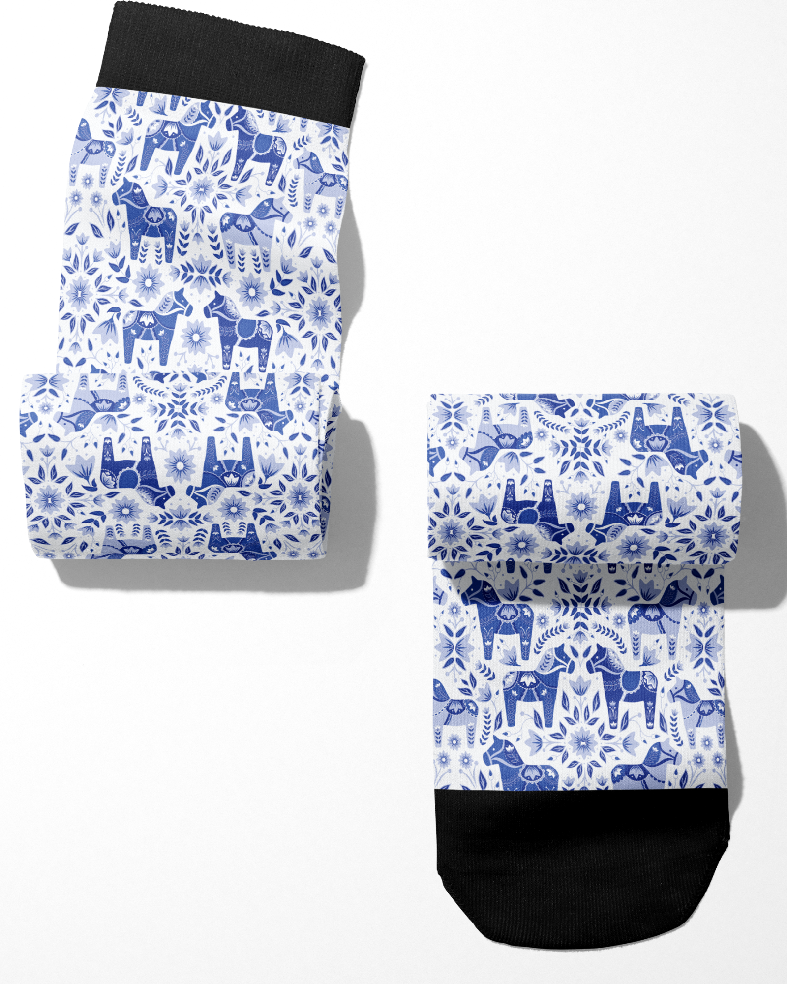Limited Edition Pony Island Dala Horses Socks with blue folk-art pony design and black cuffs