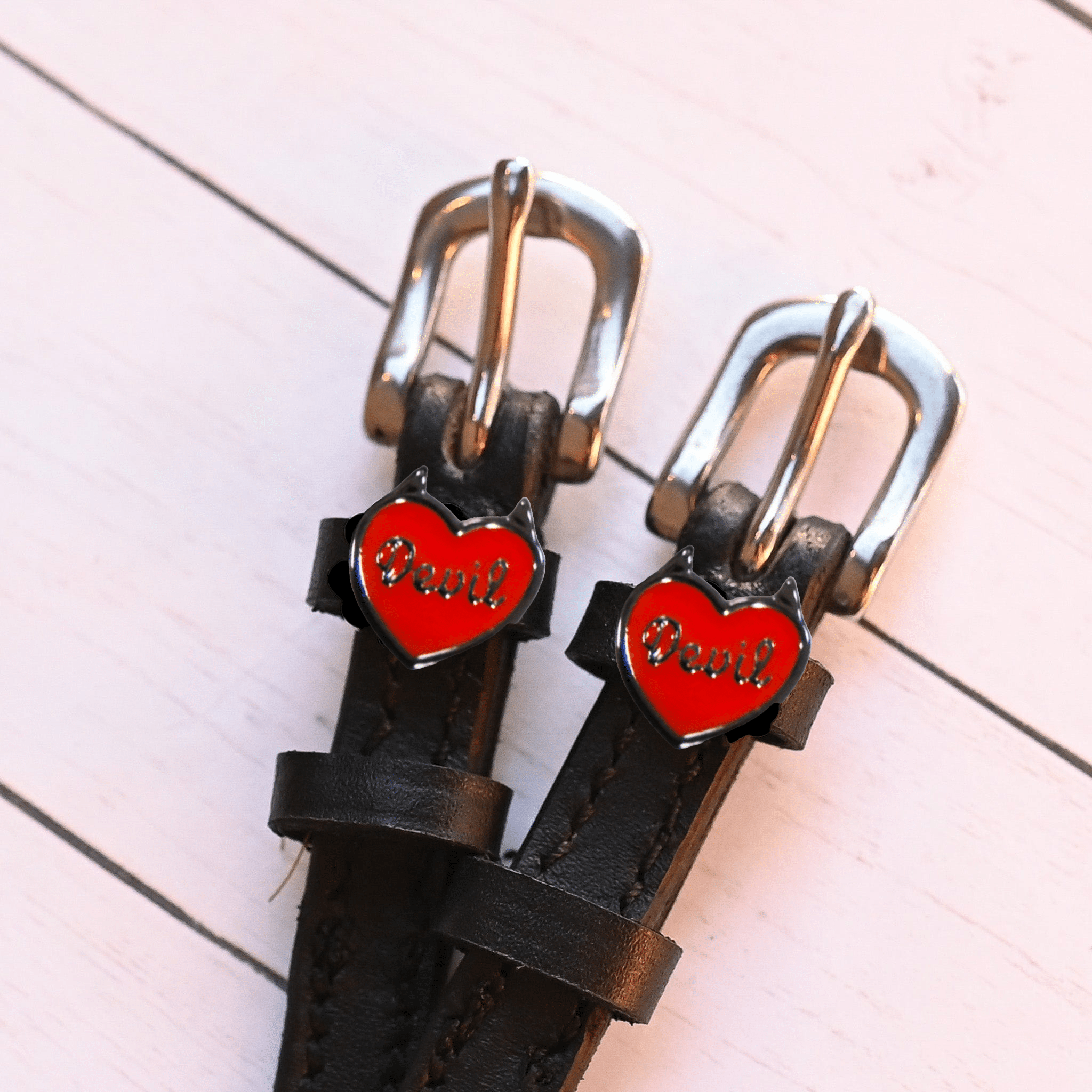 Devil Heart Spur Straps ManeJane black leather spur straps with non-stretch interior and stainless steel buckle for English.
