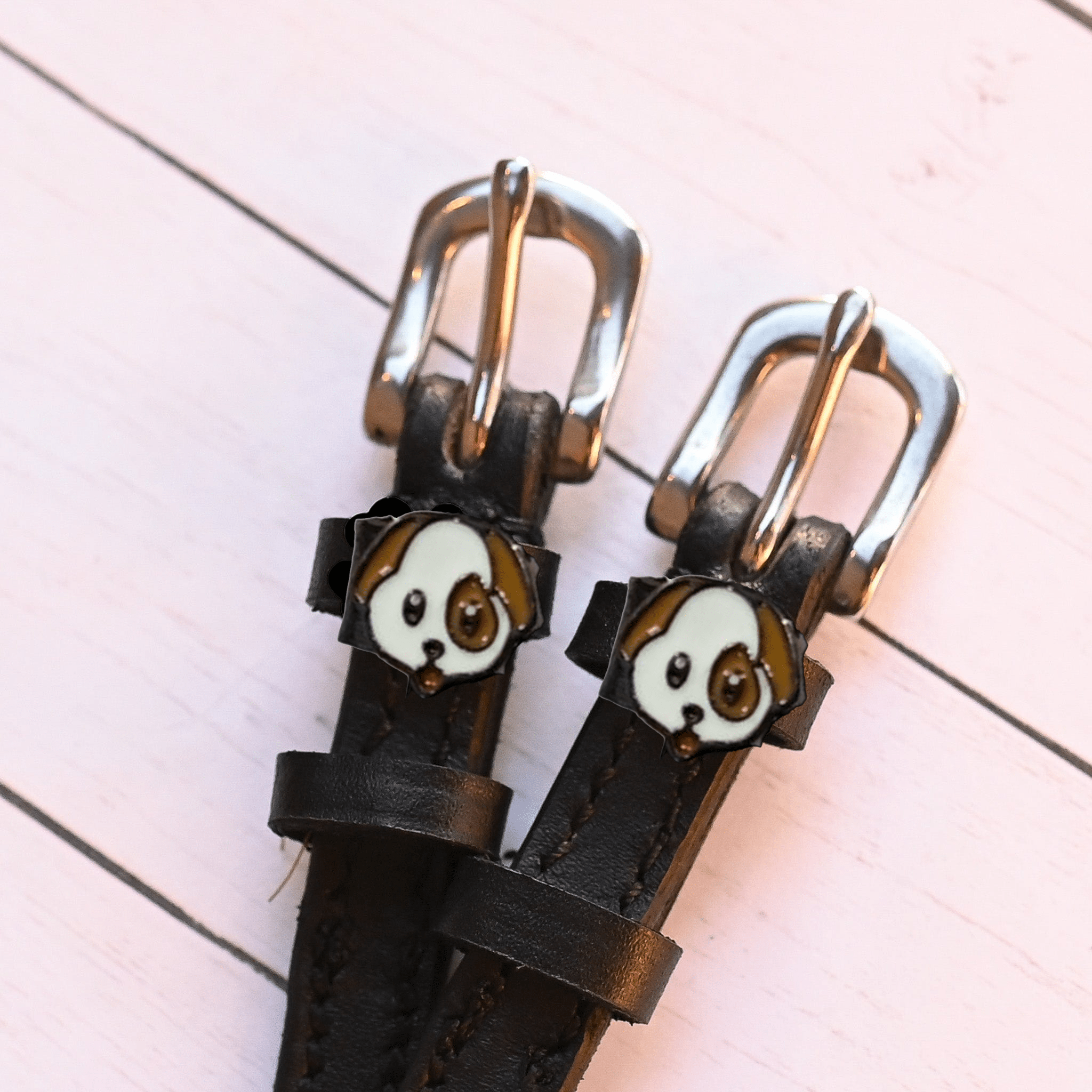 Dog - Puppy Spur Straps ManeJane black leather spur straps with non-stretch interior and stainless steel buckle for English.