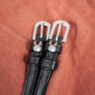 Donkey Spur Strap ManeJane black leather spur straps with non-stretch interior and stainless steel buckle for English ridin.