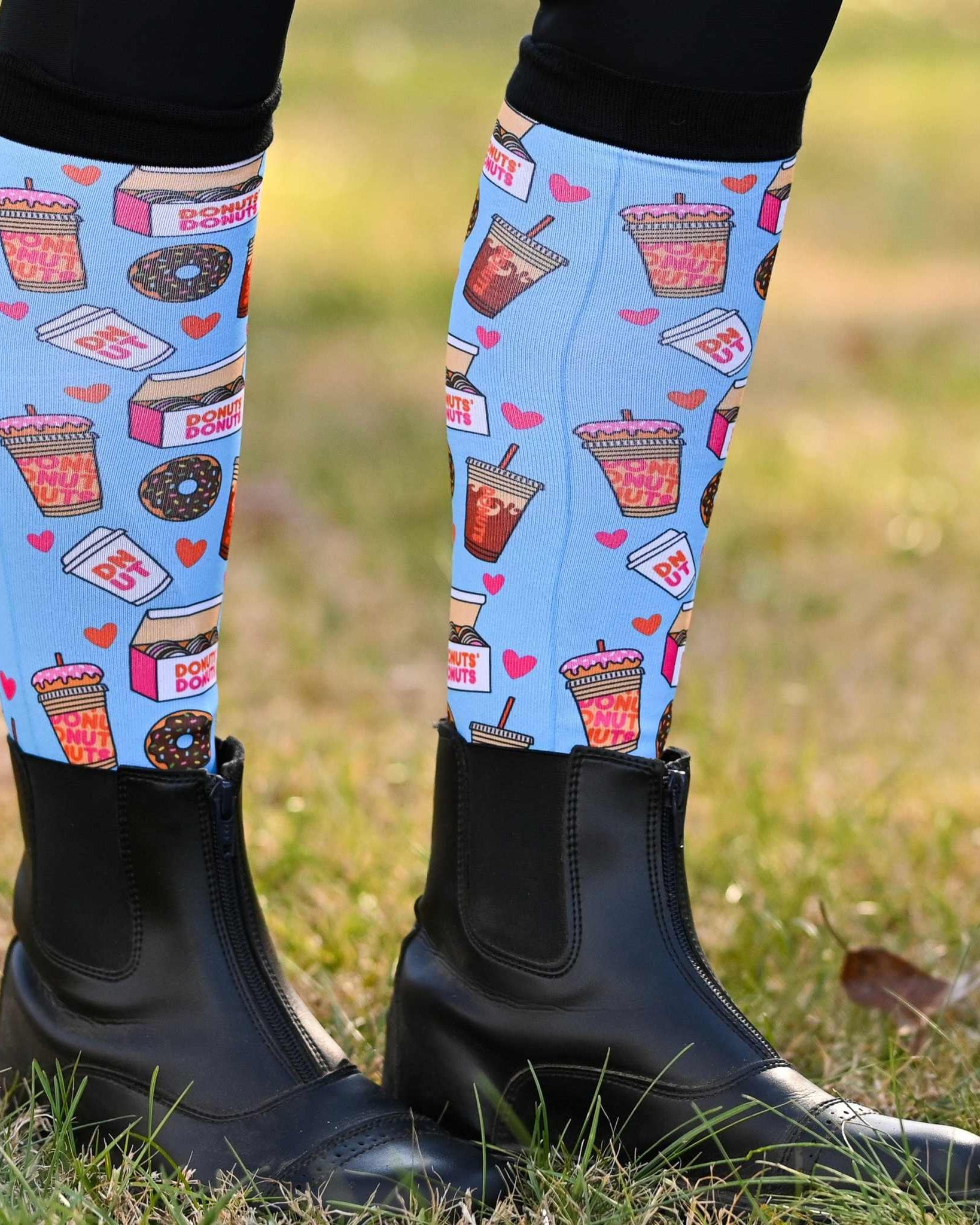 Donuts Pair & a Spare equestrian boot socks, showing the full pattern layout