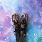ManeJane Double Star Silver Spur Straps Spur Straps — black leather, non-stretch, hero image for English riders.