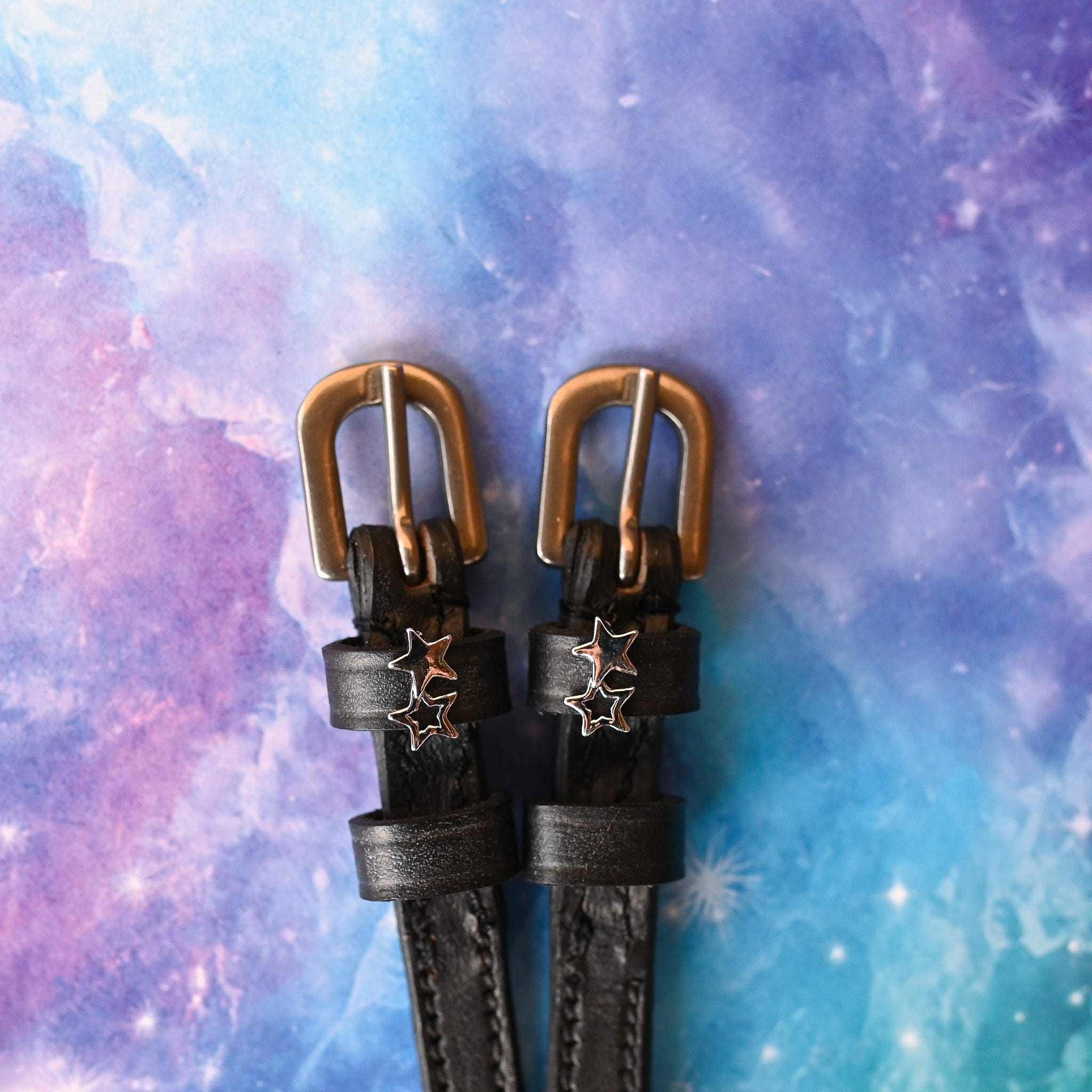 ManeJane Double Star Silver Spur Straps Spur Straps — black leather, non-stretch, hero image for English riders.