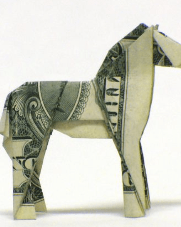 Origami horse made from a folded US dollar bill representing a digital gift card concept